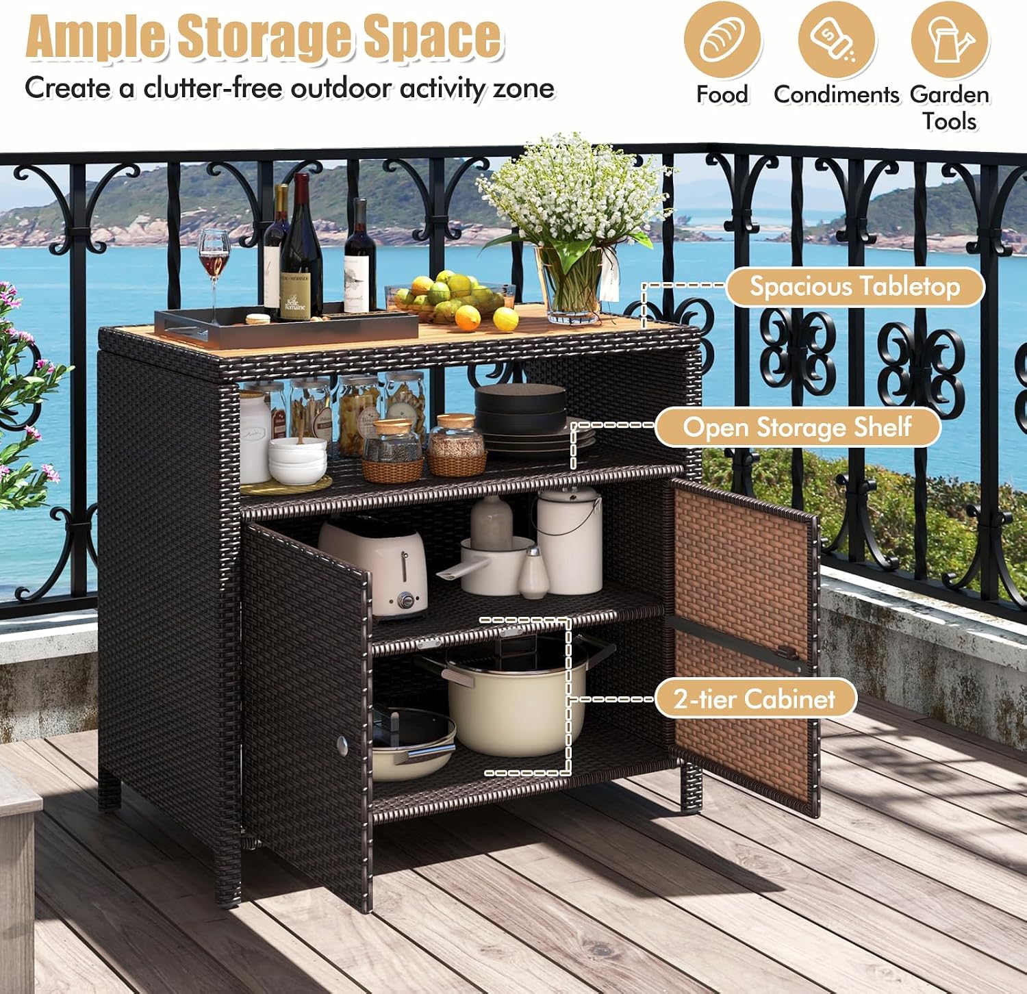 RELAX4LIFE Wicker Outdoor Bar Cabinet - PE Rattan Patio Bar Table w/Acacia Wood Countertop, Open Shelf & 2 Doors, Buffet Sideboard Organizer for Garden Backyard Pool, Outside Storage Cabinet (Brown)