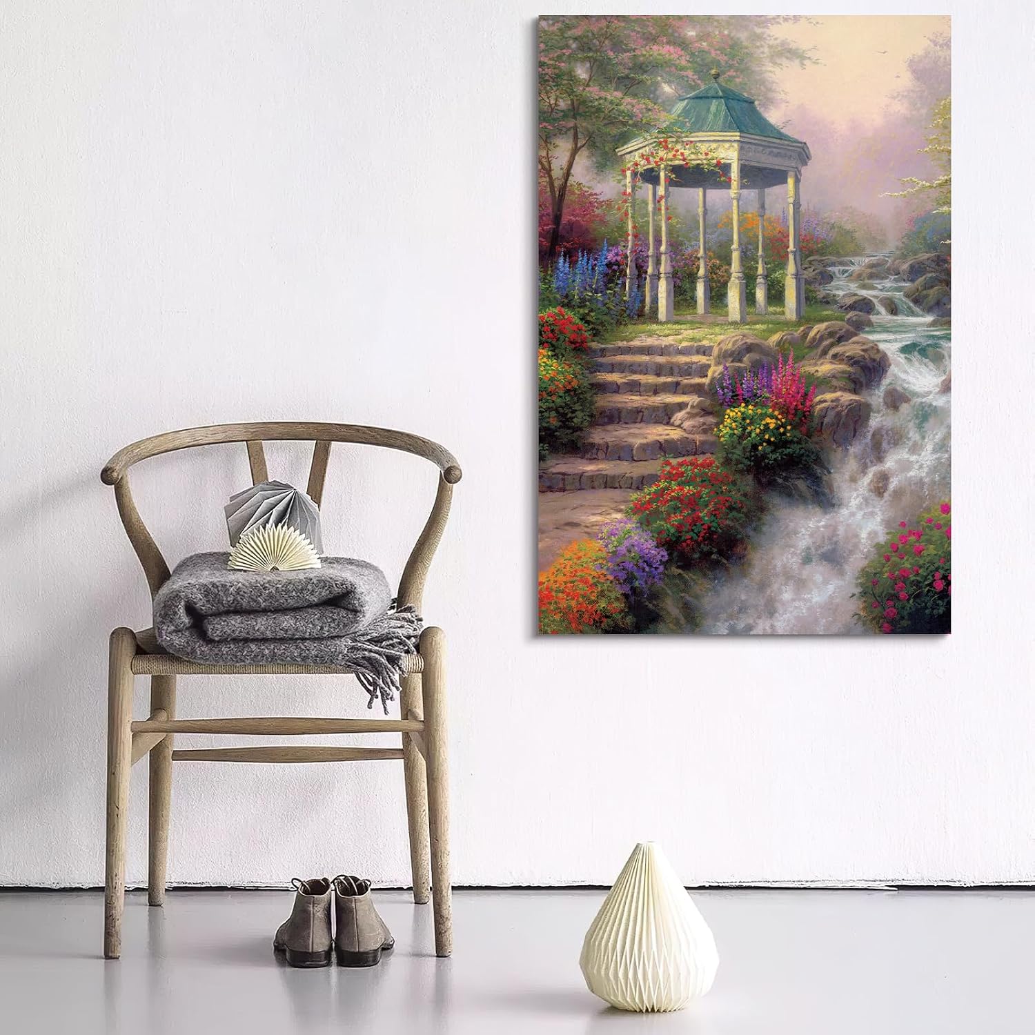 STUDIO HAVEN Thomas Kinkade Canvas Wall Art, Ornate Garden Pavilion Cascading Stream Colorful Wildflowers Oil Painting Poster Tranquil Nature Wall Decor, Framed Prints for Home Decor, 32x48Inch