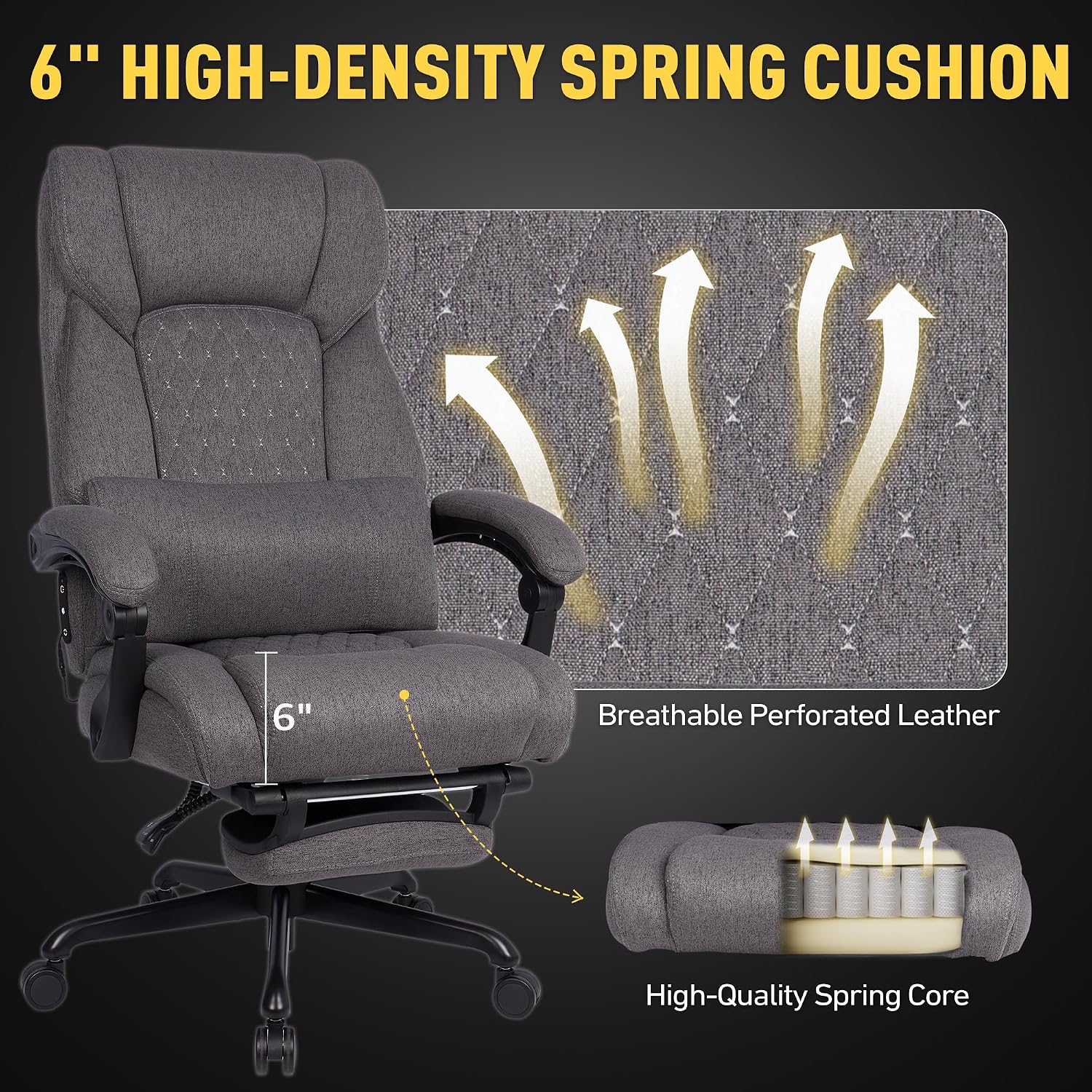 3D Kneading Massage Office Chair with Heat, 500 lbs Big and Tall Executive Computer Desk Recliner, Electric Heated Gaming Chairs with Massage & Footrest, Grey,
