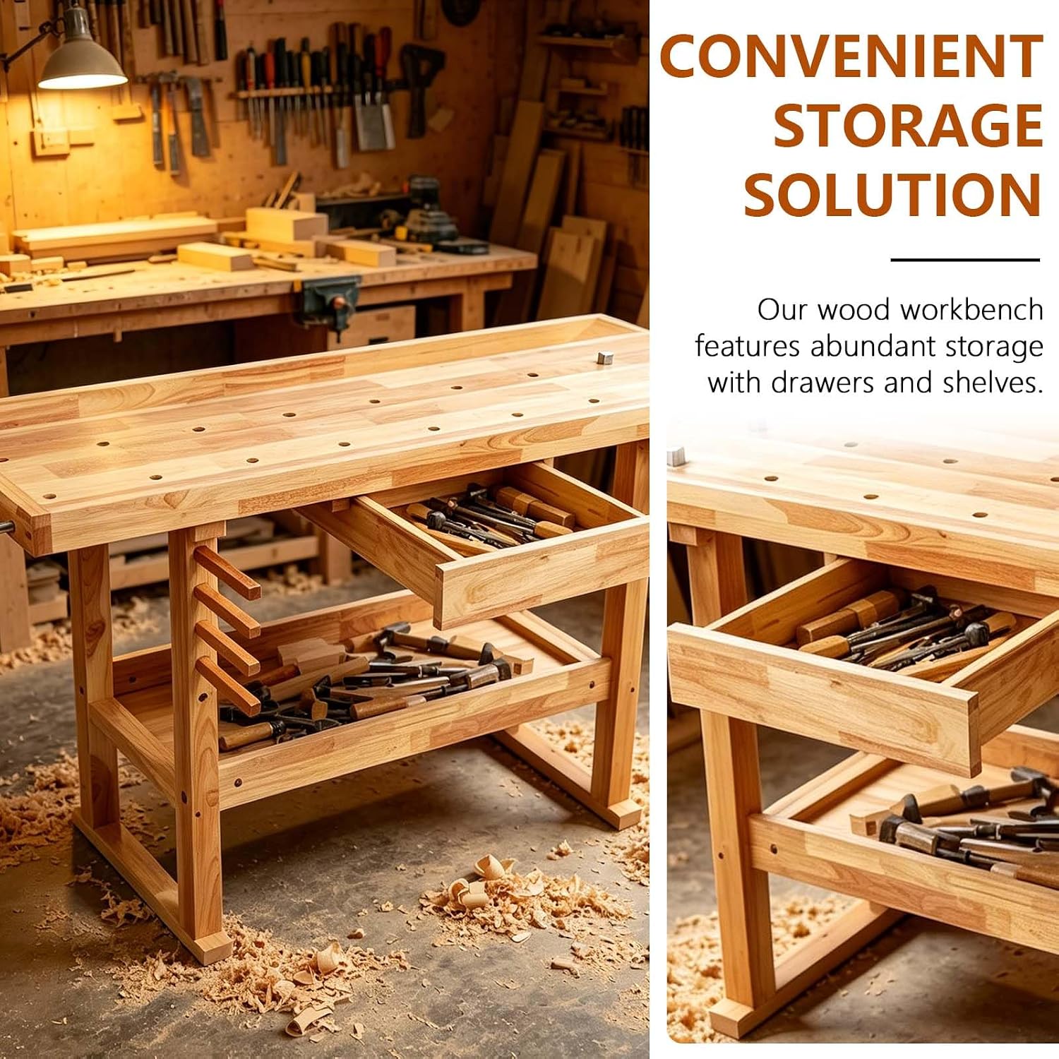 55' Rubber Wood Workbench, Heavy Duty Work Bench with Drawer & Shelf, Work Bench Table for Garage, Workshop, Home Storage, Woodworking Bench, 330 lbs Weight Capacity (55')