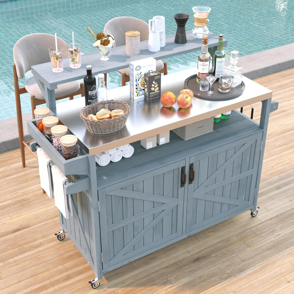 Merax Portable Outdoor Table with Stainless Steel Top for Kitchen Prep, Outdoor Storage Cabinet for Grilling Accessories, Grey Blue