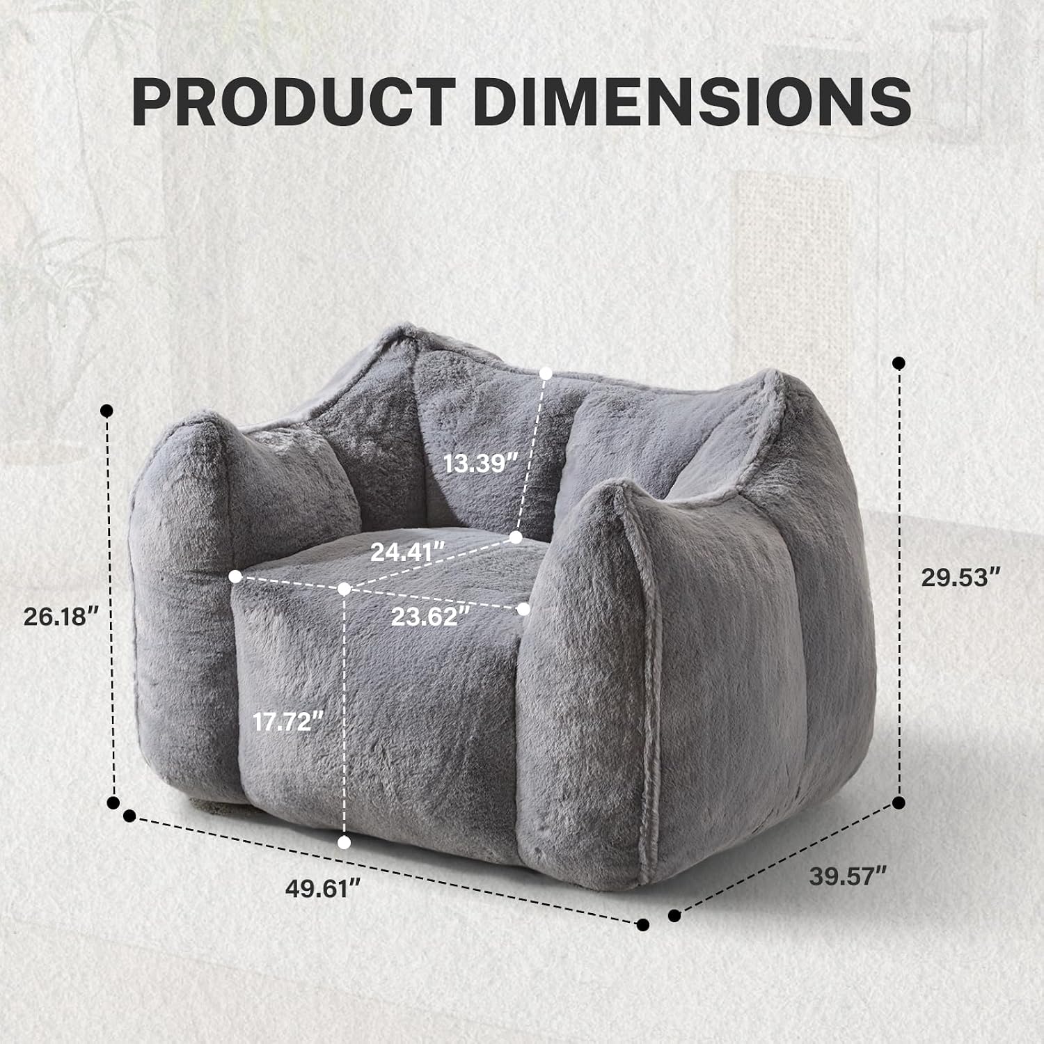 Giant Bean Bag Chair, Comfy Large Bean Bag Chairs for Adults and Kids, Fluffy Faux Rabbit Fur Floor Sofa for Living Room Bedroom Apartment, Grey