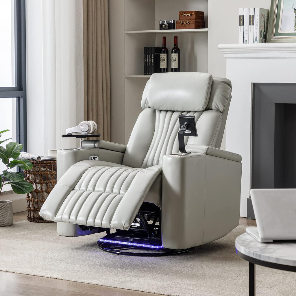 Merax 270 Degrees Power Swivel Recliner,Home Theater Seating with Hidden Arm Storage and LED Light Strip,Cup Holder,360 Degrees Swivel Tray Table,and Cell Phone Holder,Soft Living Room Chair,Grey