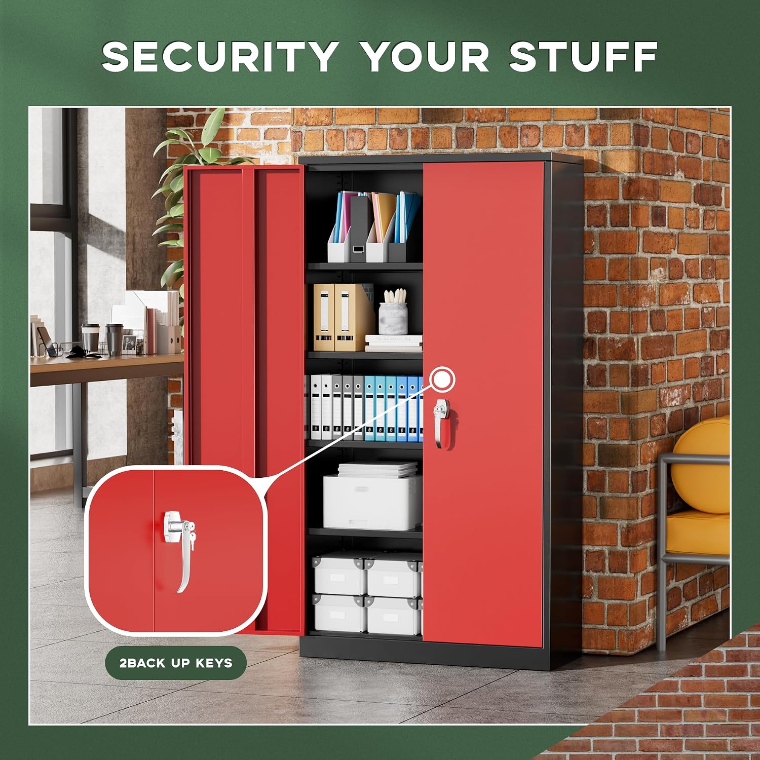 Greenvelly Metal Garage Storage Cabinet, 72' Black Red Tool Steel Locking Cabinet with Doors and 4 Shelves, Tall Cabinets for Garage Storage Systems Lockable File Cabinet for Home Office,Garage