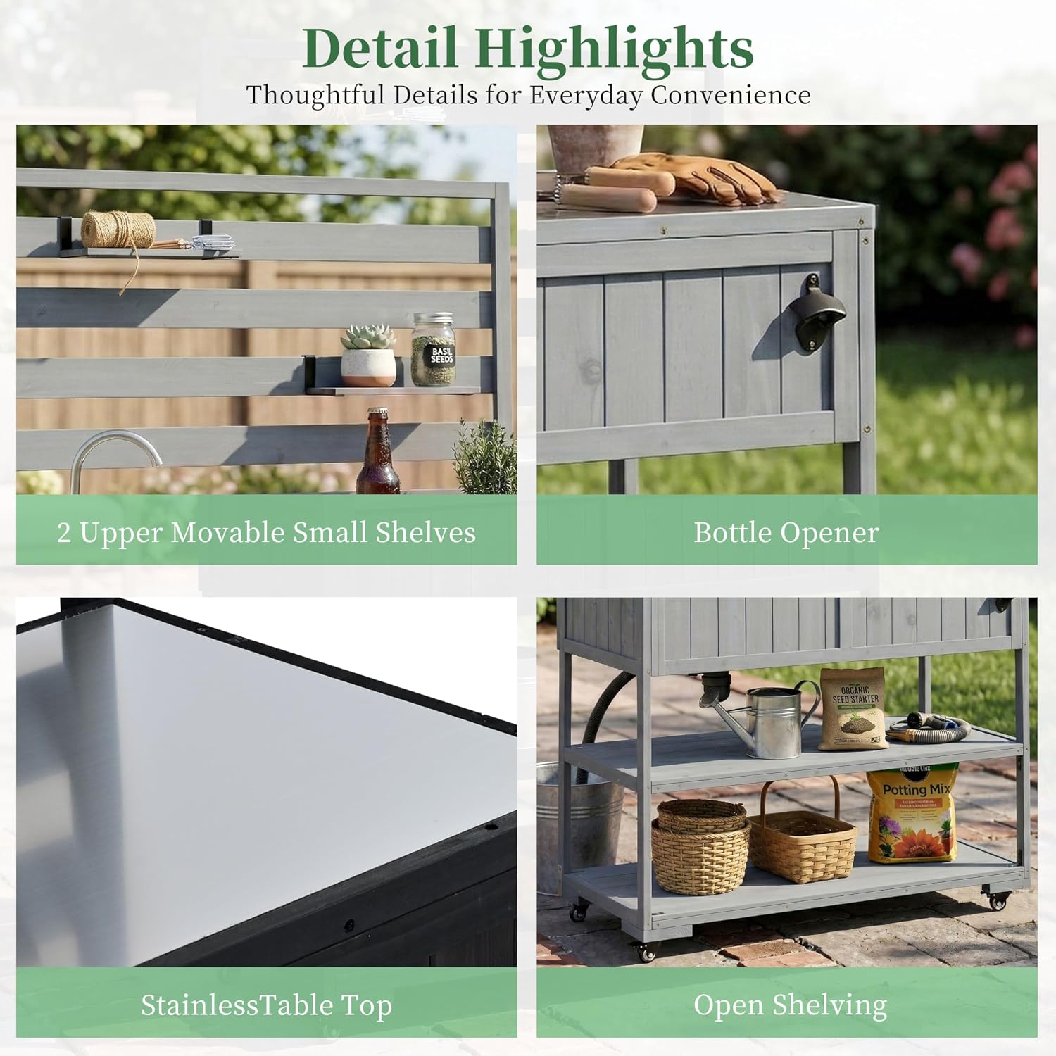 LUMISOL Garden Potting Bench Table with Stainless Table Top, Outdoor Rolling Kitchen Cart with Sink and 2 Movable Shelves, 41.7'' Large Solid Wood Garden Workstation with 1 Bottle Opener, Gray