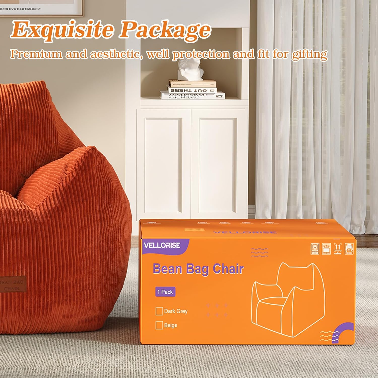 Big Bean Bag Chair for Adults, Ultra Soft Living Room Bean Bag with Armrests & Ottoman, Stuffed BeanBag Chair for Napping, Gaming, Vacuum-Compressed for Easy Gifting, 48h to Expand, Orange