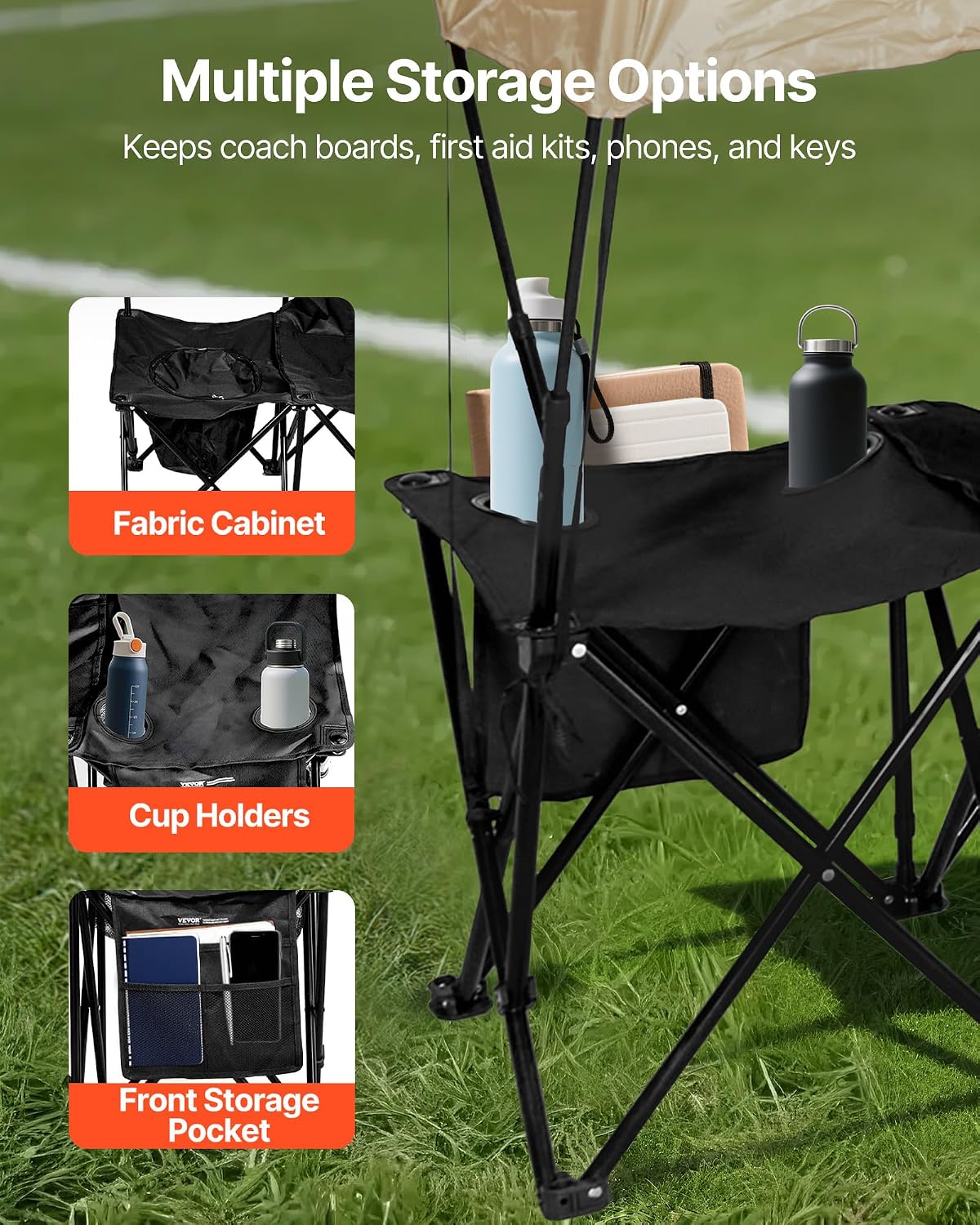 VEVOR Portable Folding Bench, 6 Seat Soccer Bench with Storage Pockets Cup Holders & Carrying Bag, Lightweight Sideline Seating with Sunshade for Football, Baseball, Camping, Outdoor Events, Black