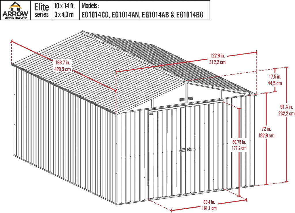 Arrow Shed Elite 10' x 14' Tall Outdoor Steel Storage Shed with High Gable and Lockable Doors Storage Building, Cool Grey