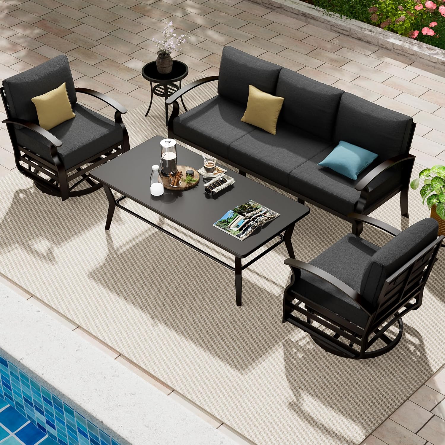 Aluminum Patio Furniture Set with Coffee Table,5 Seats Metal Modern Outdoor Furniture Set w/5.1' Thick Cushions,Patio Sectional w/Swivel Chairs for Backyard,Patio,Grey