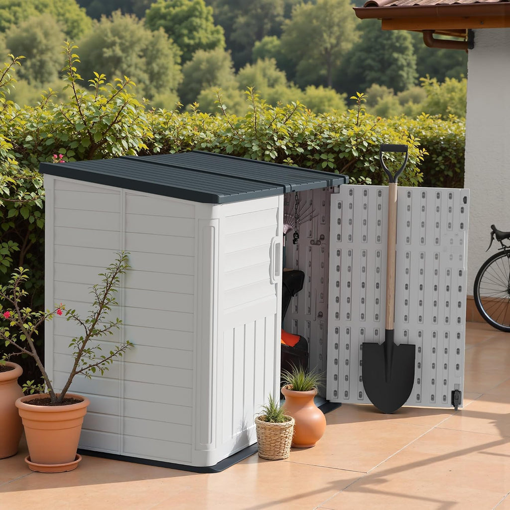 TUOZE 34 Cu Ft Resin Storage Shed with 2 Shelves, Waterproof Outdoor Storage Cabinet with Sloping Roof & Lockable Lid for Garden Tools, Trash Cans (Beige)