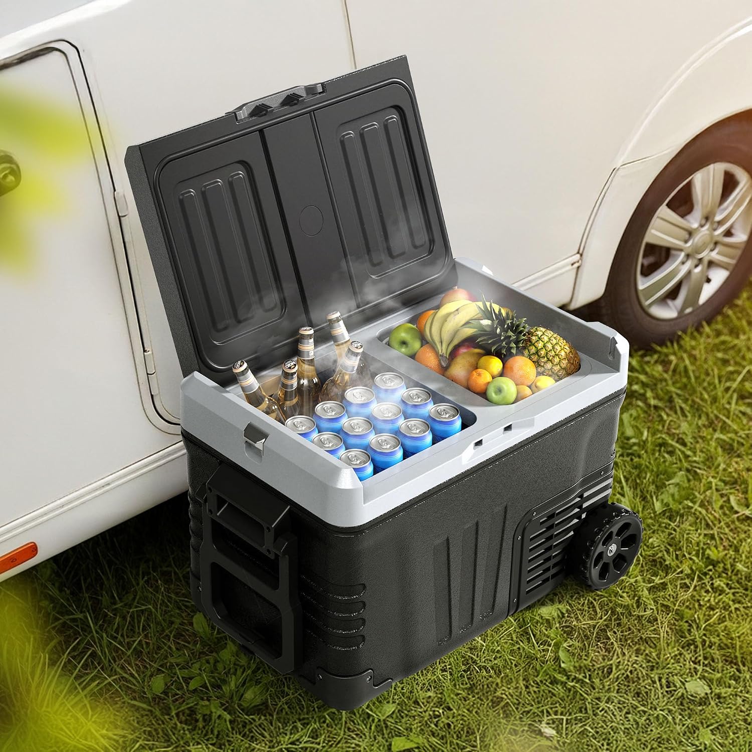 EUHOMY 12 Volt Refrigerator, 52QT(50L) Electric Cooler, Portable Freezer 12V/24V DC 100-240V AC, 12V Fridge -4℉~68℉, 12V Cooler with Wheels & 2 Baskets for Travel, Truck, Boat, Camping