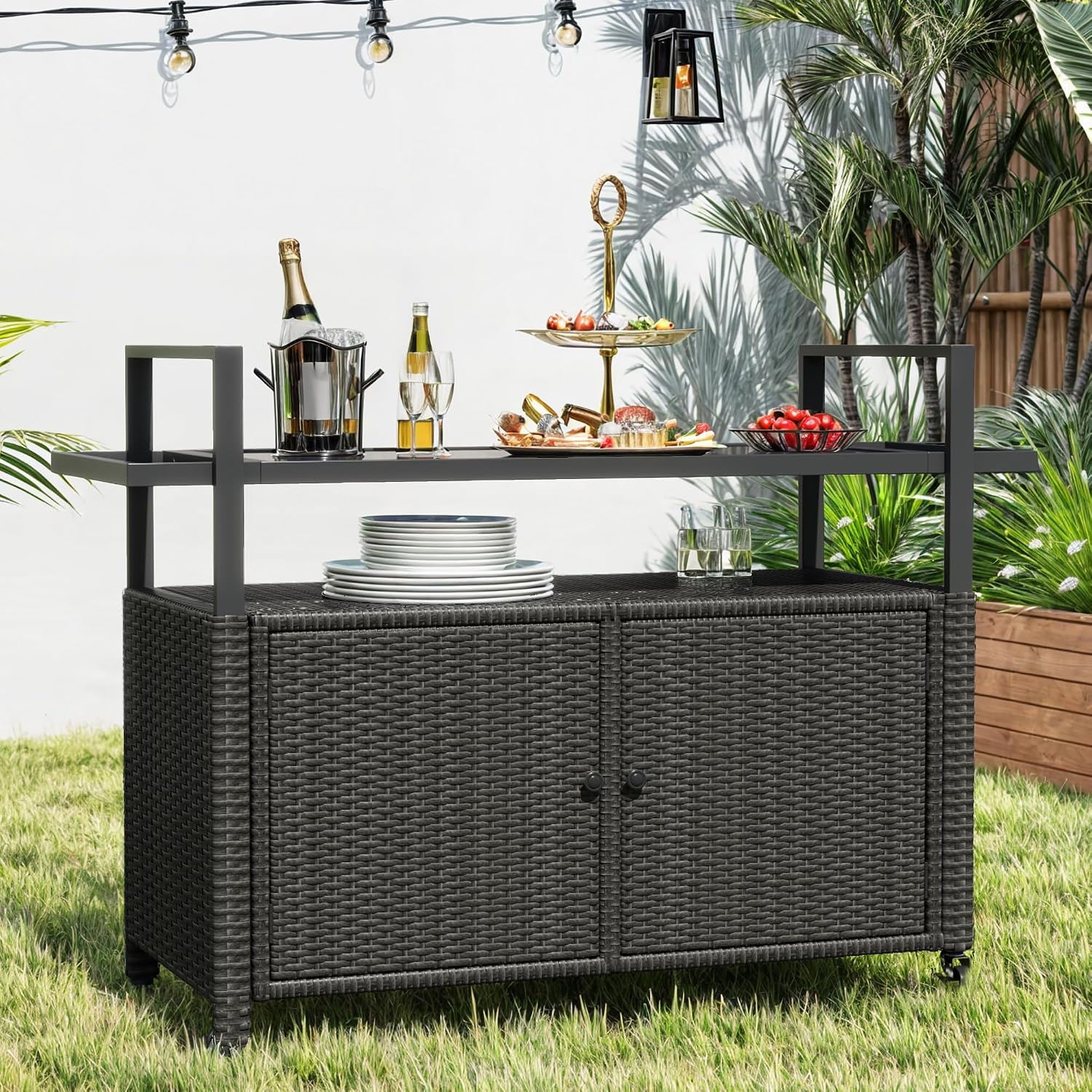 DWVO Patio Storage Cabinet,Outdoor Bar Cart with Glass Top,Outdoor Storage Table with Wheels for Patio, Poolside and Backyard,Black
