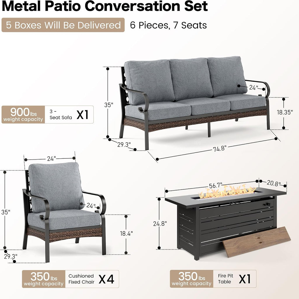 SUNSHINE VALLEY 6 Piece Black Metal Outdoor Patio Furniture Sets with Firepit Table, Patio Conversation Sets 1 3-Seater Sofa, 4 Single Sofa with 5.75' Extra Cushion Backyard Furniture for Deck, Gray