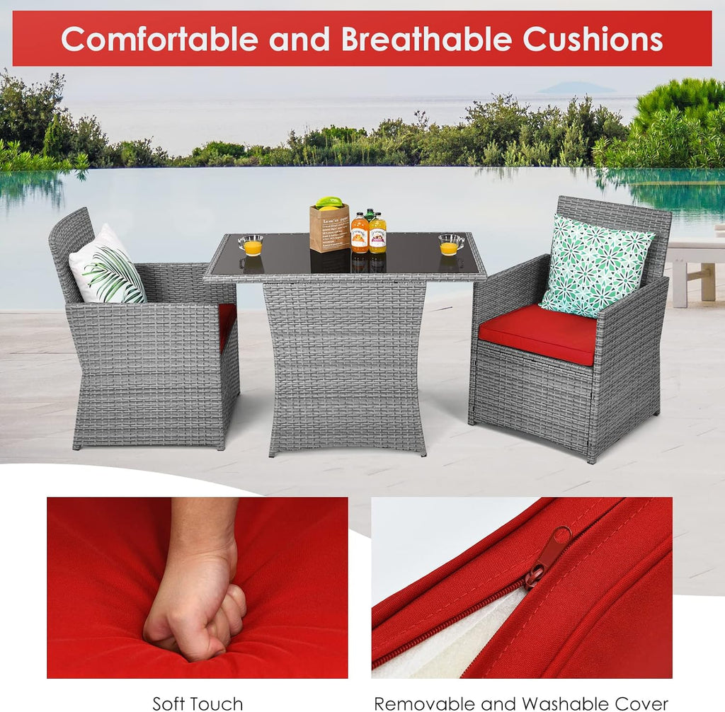 HAPPYGRILL 3 Piece Patio Furniture Set, Outdoor PE Rattan Wicker Bistro Set with Washable Cushions & Tempered Glass Table, for Backyard Porch Garden Balcony Poolside
