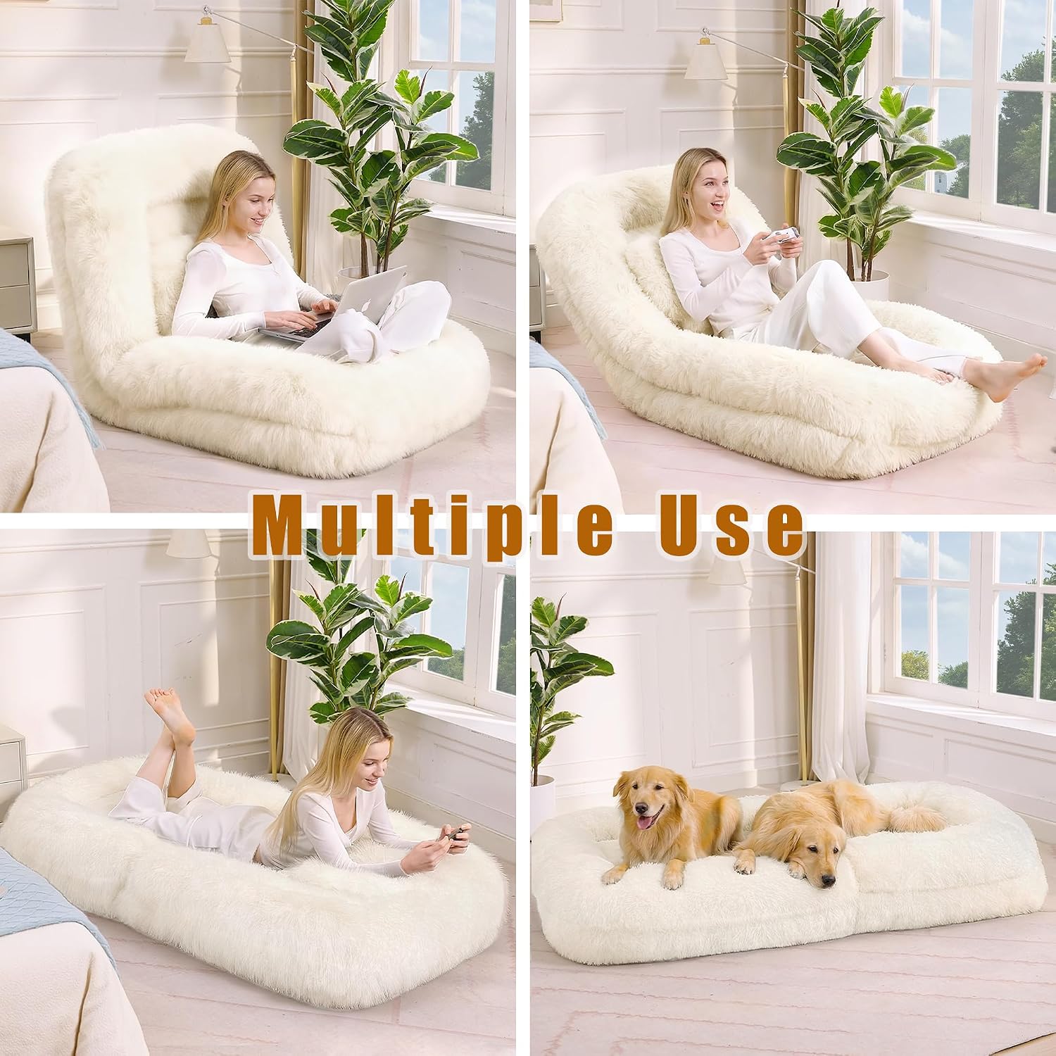 Floor Chair with Back Support, Human Dog Bed with 5 Adjustable Position, Convertible Lazy Floor Lounger, Comfy Gaming Chair, Plush Folding Sofa Bed for Adult, Living Room, Bedroom, Cream Beige