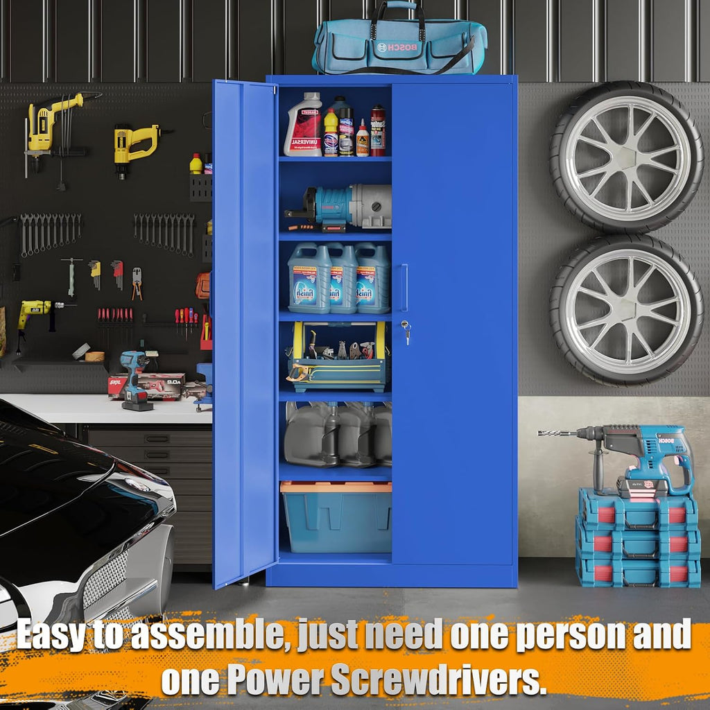 STANI Metal Garage Storage Cabinet with Lock, 71' Steel Lockable File Cabinet, Locking Steel Storage Cabinet with 5 Adjustable Shelves for Home, Office, Garage, Warehouse (Blue, 2 Door - 71' H)