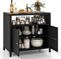 HAPPYGRILL Rattan Storage Cabinet, Patio Sideboard Buffet Cabinet with Acacia Wood Countertop, Open Shelf & 2 Door Cabinet, Wicker Storage Organizer for Garden Tools (Black)