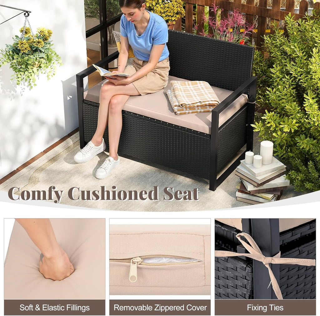 RELAX4LIFE Wicker Outdoor Bench with Storage - Rattan Deck Box w/Protective Liner for Pillows, Pool Supplies, Garden Tools, Patio Loveseat with Seat Cushion & Metal Armrests for Backyard Porch Balcony