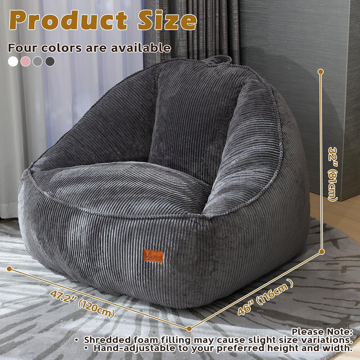 Giant Bean Bag Chair for Adults, Teens and Kids, Cozy Fluffy Corduroy Beanbag Chair with Filler, Large Floor Lounge Sofa for Living Room, Bedroom, Dorm, Gaming and Reading(L-Charcoal)