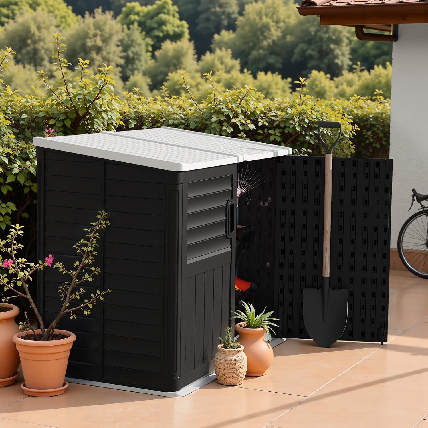 TUOZE 34 Cu Ft Resin Storage Shed with 2 Shelves, Waterproof Outdoor Storage Cabinet with Sloping Roof & Lockable Lid for Garden Tools, Trash Cans (Black)