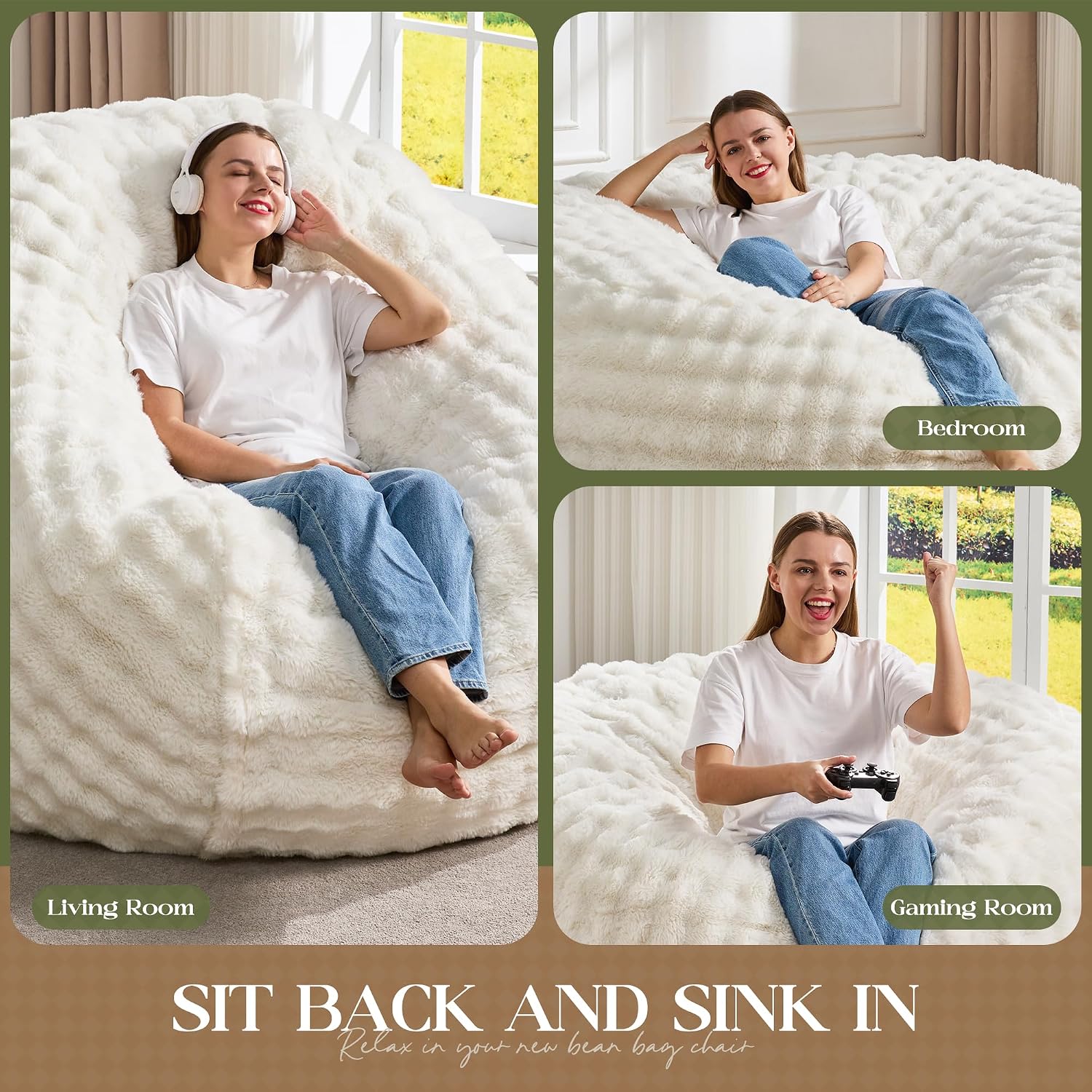 Hobestluk Bean Bag Chairs Beanbag Chair with Filler Adult Bean Bags with Fluffy & Machine Washable Cover, Giant Bean Bag Chairs for Aduts (White, 6FT-70' x 70' x 15')