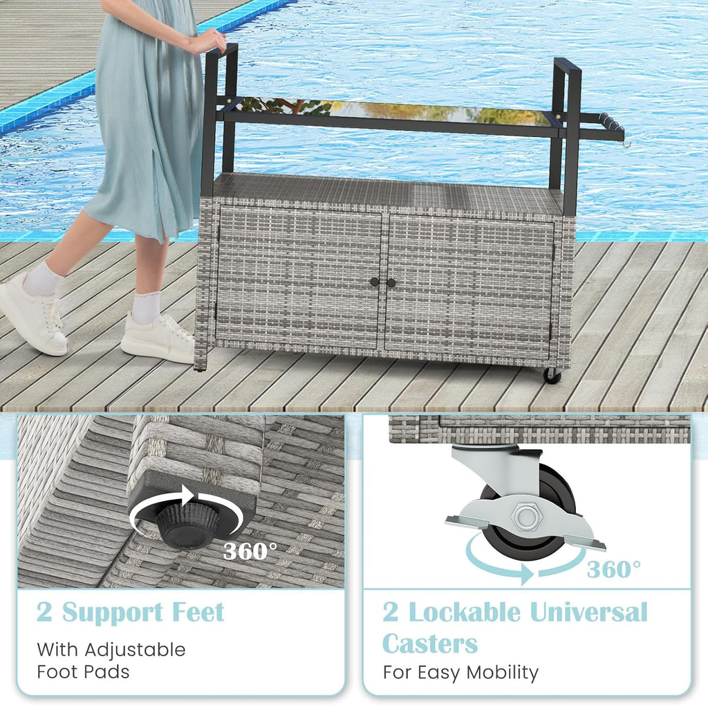 Tangkula Outdoor Bar Cart, Patiojoy Rolling Wicker Buffet Serving Cart with Tempered Glass Top, Storage Cabinet & 8 Hooks, Kitchen Island Cart on Wheels for Porch Backyard Garden Poolside (Mix Grey)