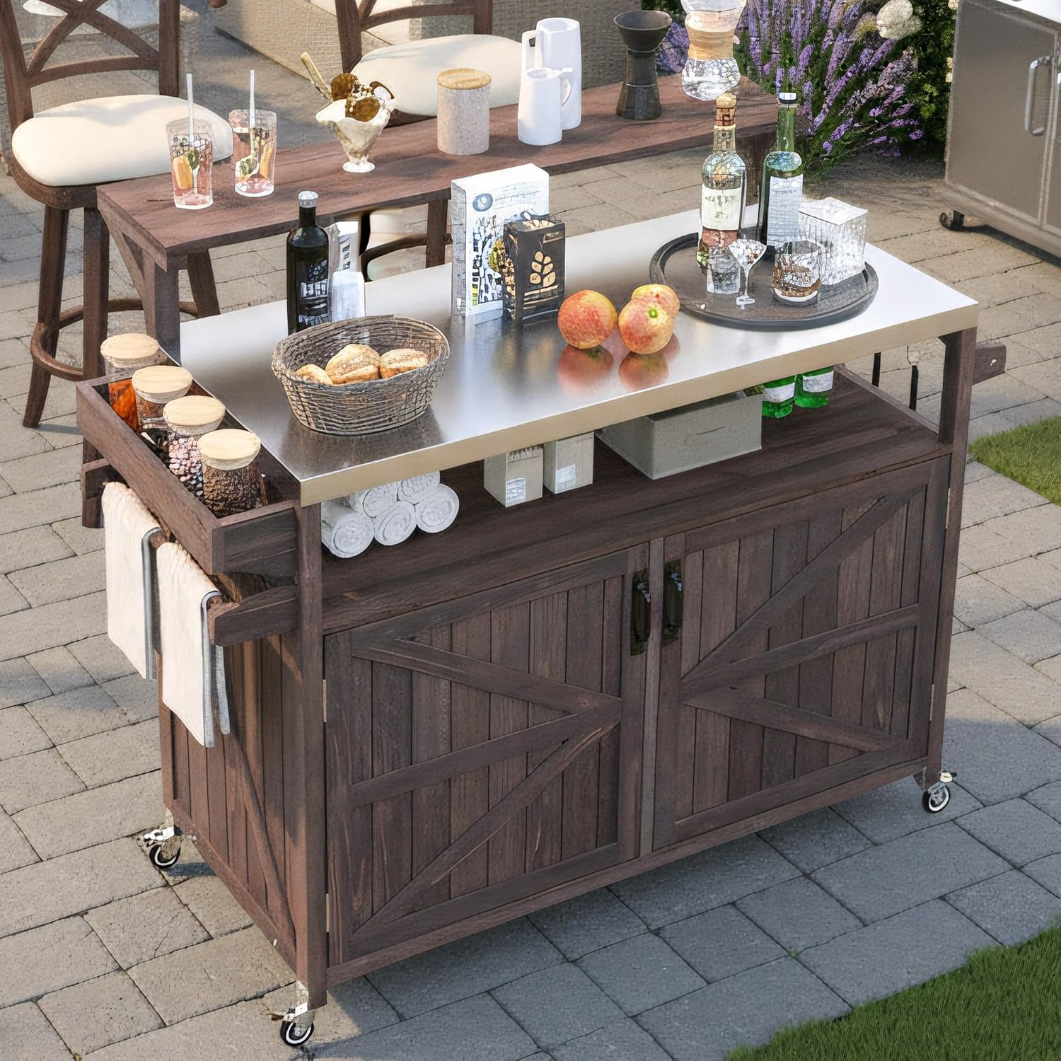 53.3' Outdoor Kitchen Island with Stainless Steel Top, Rolling Grill Cart with Adjustable Shelves, Raised Shelf, Lockable Wheels, Portable Outdoor Table and Bar Storage Cabinet for Patio