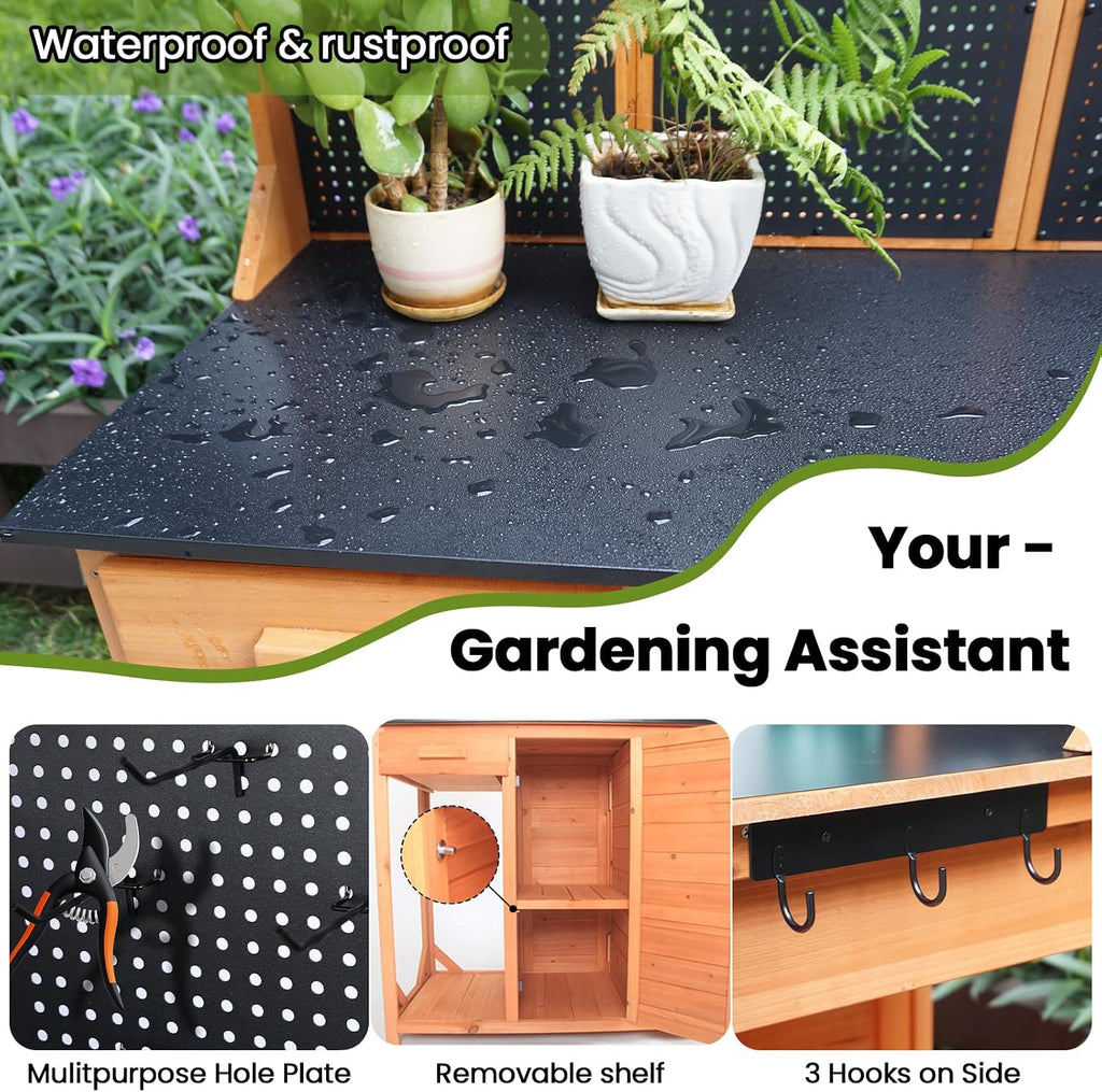 Wooden Outdoor Potting Bench with Pegboard, Storage Cabinet & Black Metal Top - Garden Table for Patio/Backyard