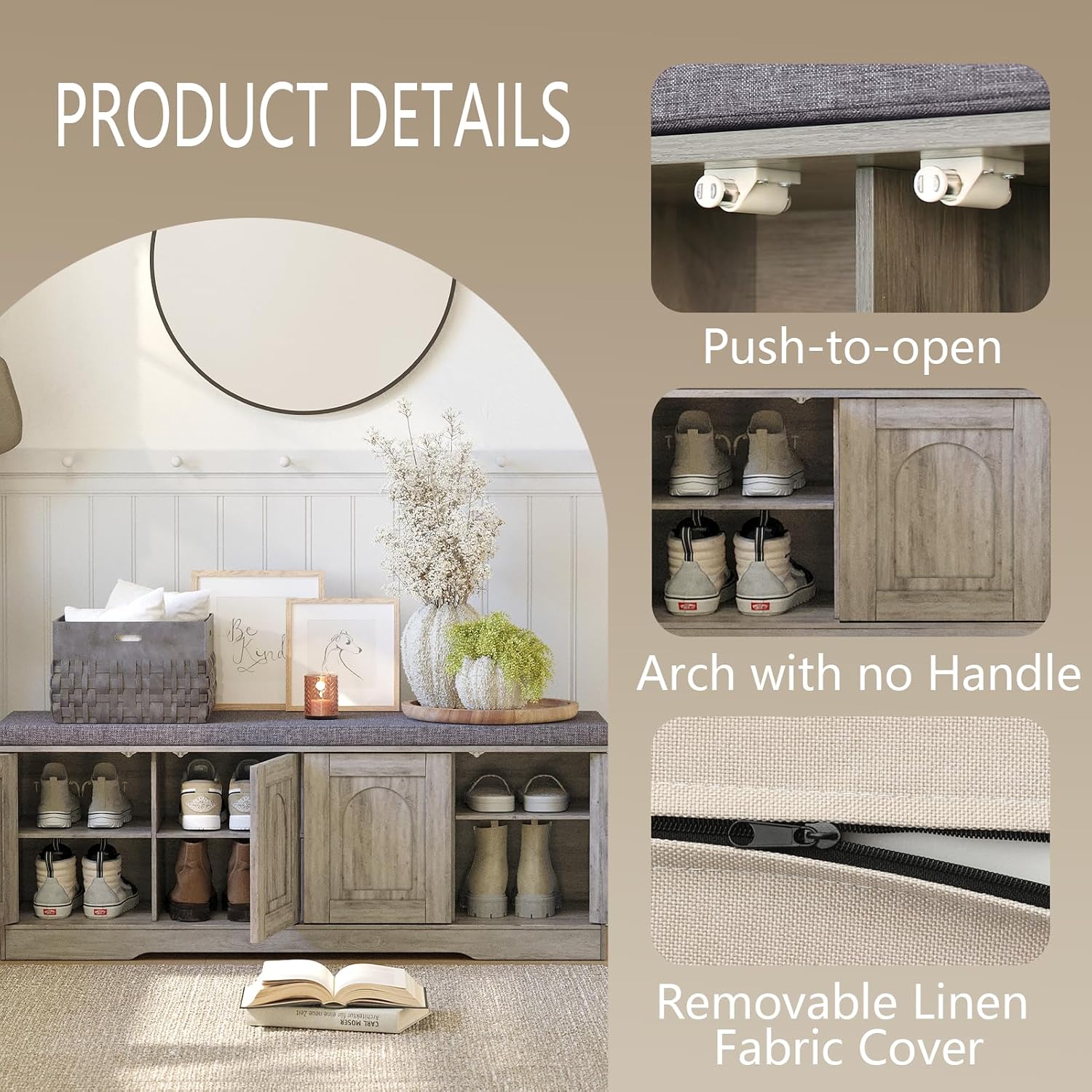 DINZI LVJ Shoe Bench, Entryway Storage Bench with Doors, Cushion, 2-Tier Shoe Rack with 8-Cubby, 47.2'L x 13.8'W Shoe Organizer Cabinet, Adjustable Shelf, Living Room, Bedroom, Gray Wash