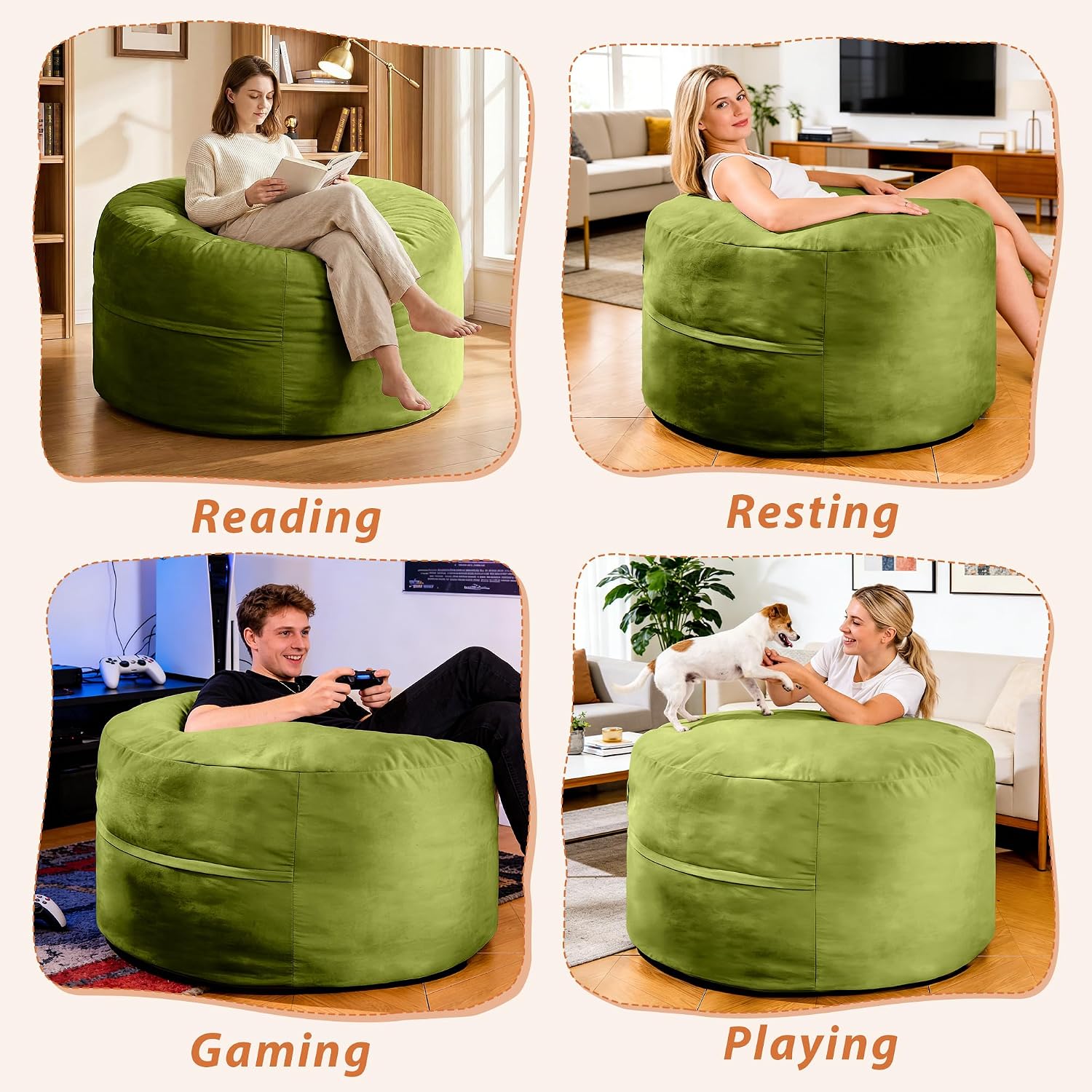 4FT Bean Bag Chair, Bean Bag with Velvet Cover, Fluffy and Comfy Bean Bag Chairs for Adults and Kids, Bean Bag Sofa Filled with High-Density Sponge for Gaming (Mint Green - Taller Version)