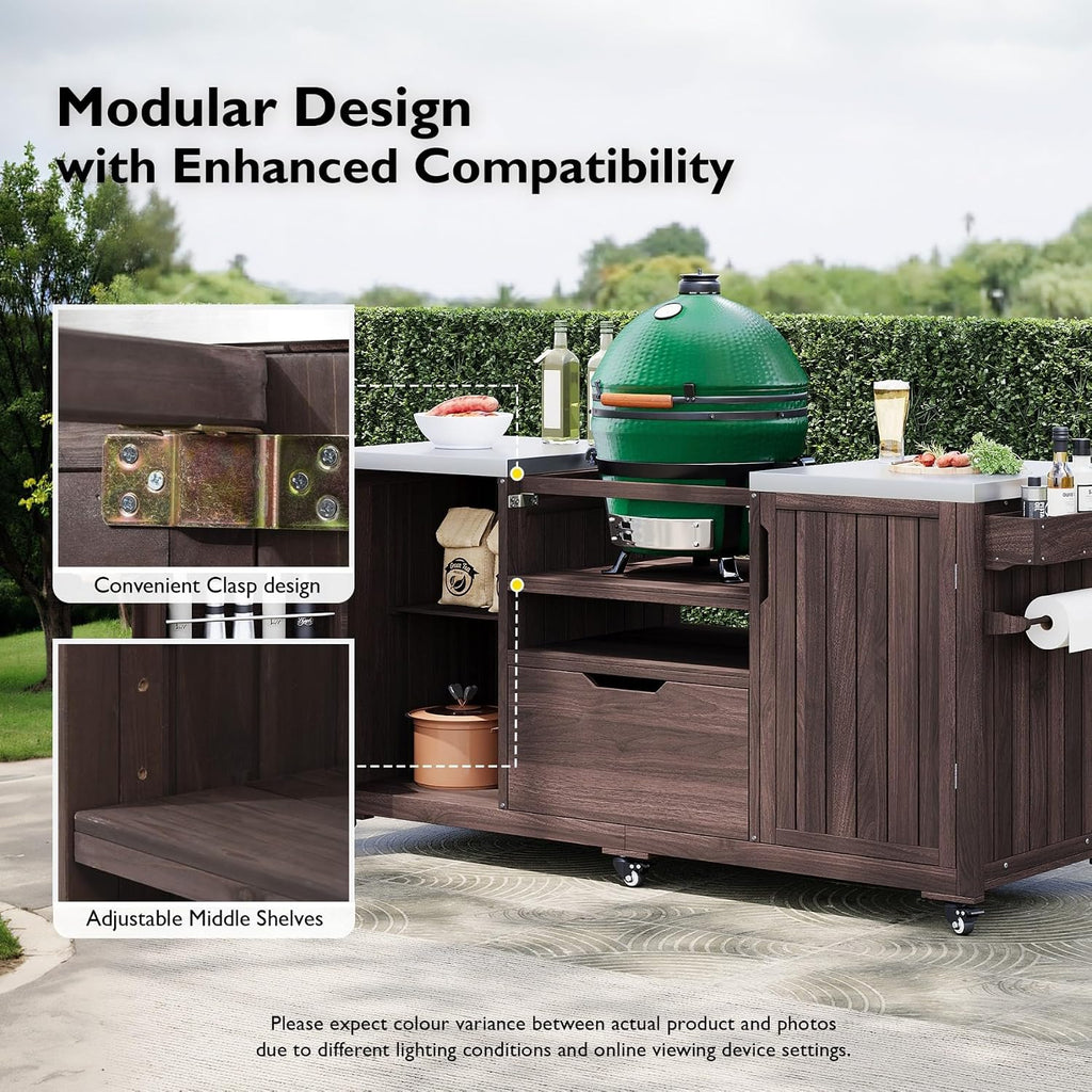 66.5' Outdoor Kitchen Island with Stainless Steel Top for Big Green Egg, Rolling Grill Cart with Adjustable Shelves, Lockable Wheels, Outdoor Table and Bar Storage Cabinet for Patio