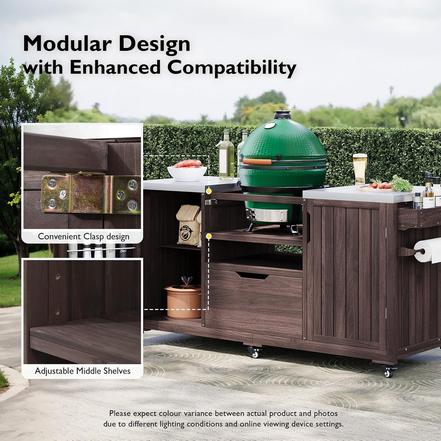 66.5' Outdoor Kitchen Island with Stainless Steel Top for Big Green Egg, Rolling Grill Cart with Adjustable Shelves, Lockable Wheels, Outdoor Table and Bar Storage Cabinet for Patio