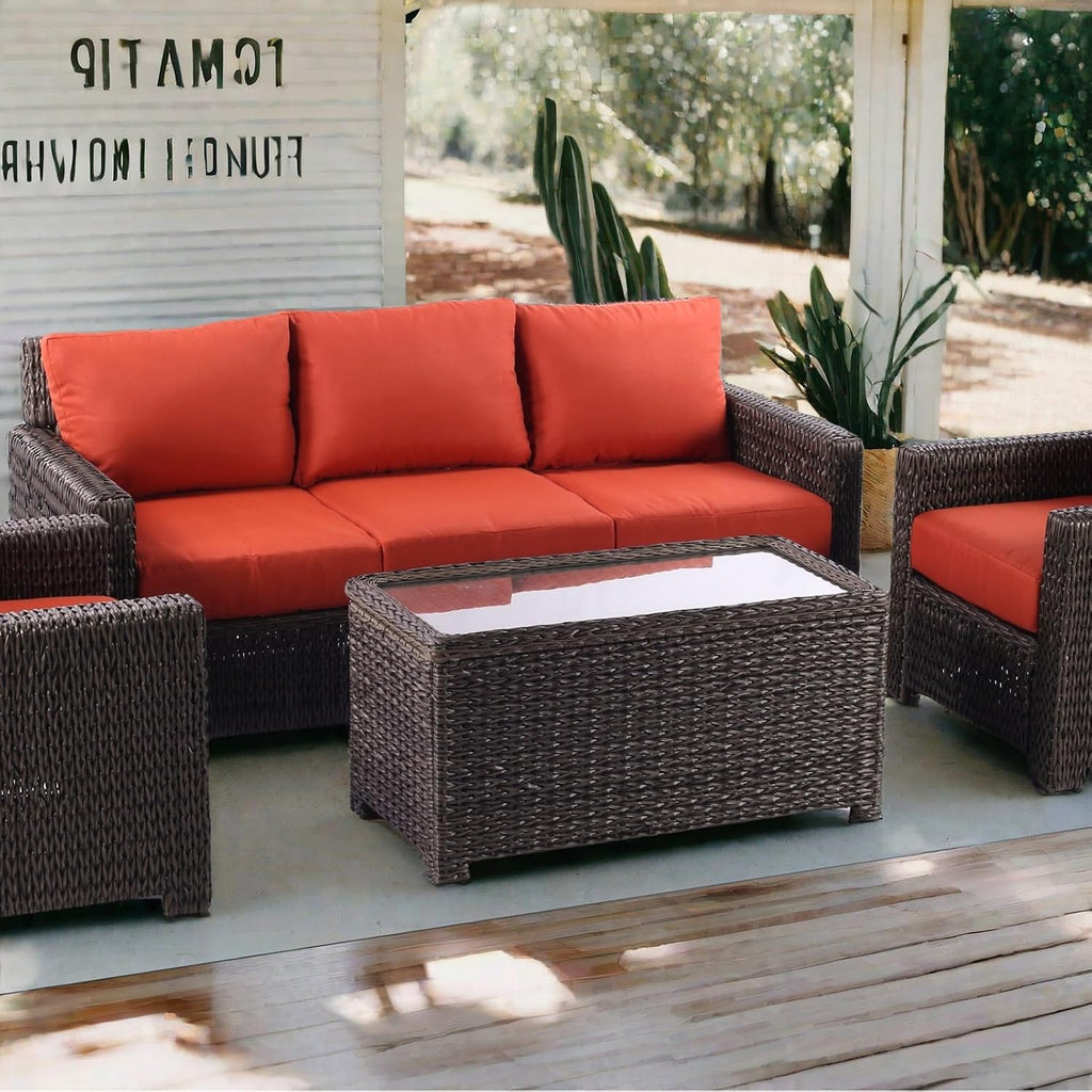 Classic Wicker Patio Coffee Table with Storage, 40'' All-Weather Rattan Outdoor Coffee Tables, Tempered Glass Flip-Top, Waterproof for Porch Backyard, Dark Brown