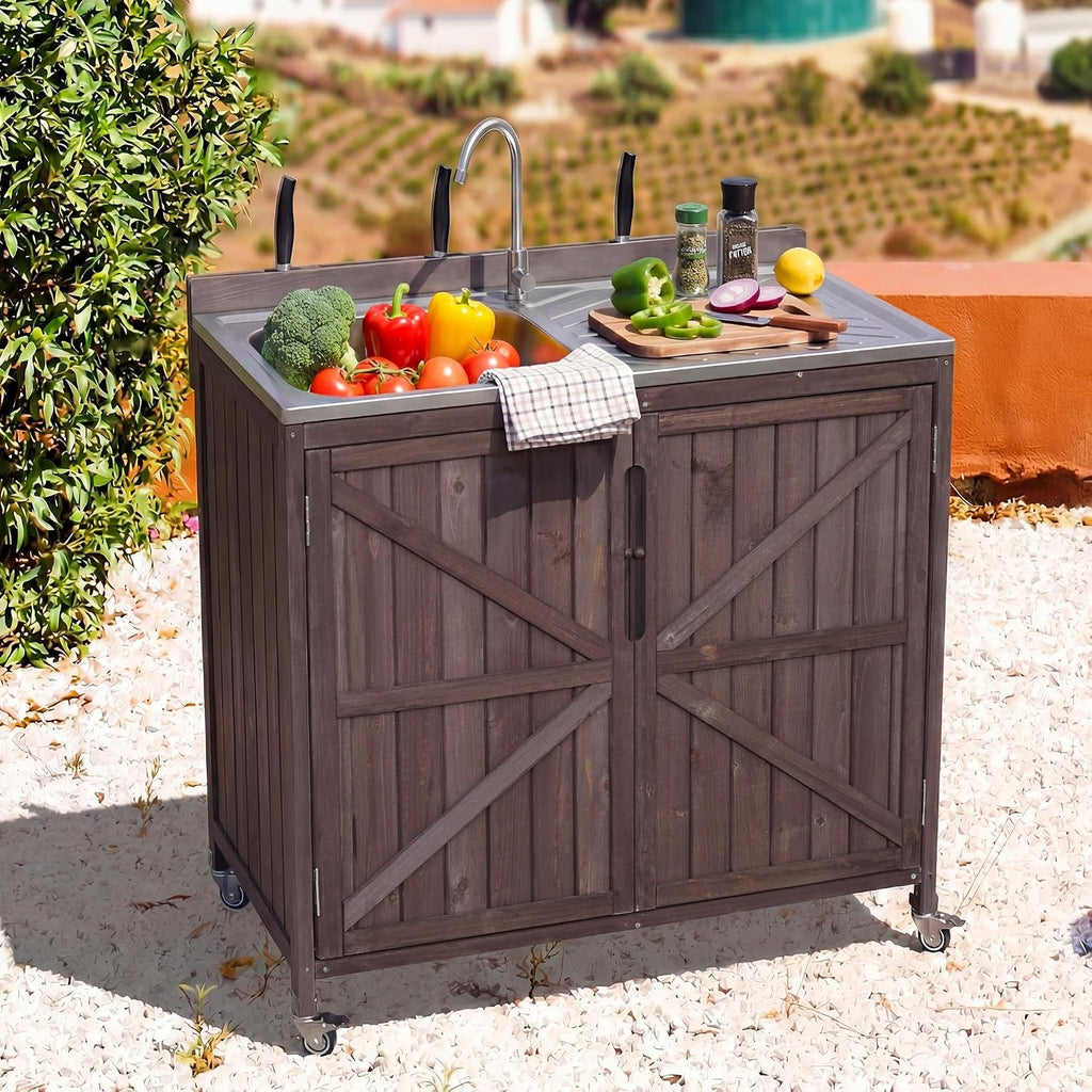 LUMISOL Outdoor Kitchen Island with Stainless Steel Top, Farmhouse Outdoor Grill Table with Sink, Hose Hook Up & Faucet, 39.4' Rolling Kitchen Cart with Back Splash & 4 Wheel, Dark Brown