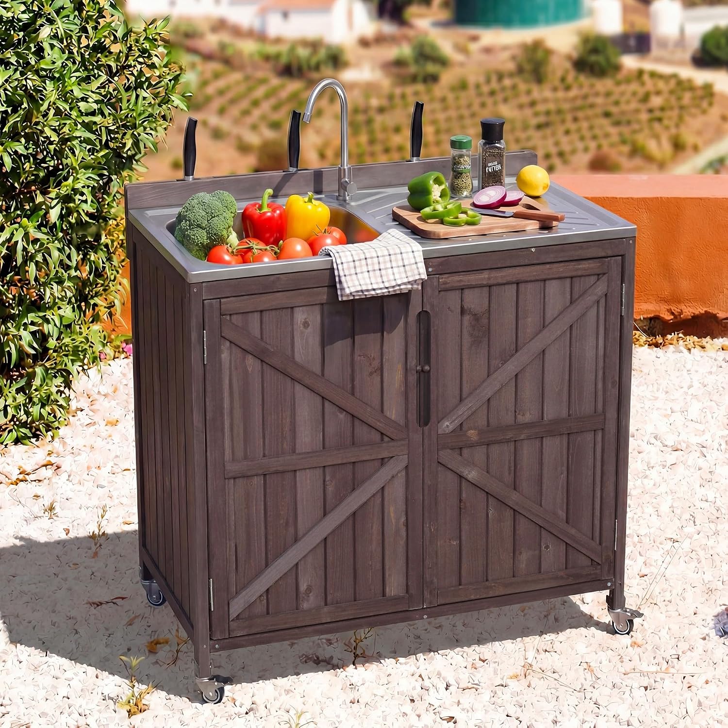 LUMISOL Outdoor Kitchen Island with Stainless Steel Top, Farmhouse Outdoor Grill Table with Sink, Hose Hook Up & Faucet, 39.4' Rolling Kitchen Cart with Back Splash & 4 Wheel, Dark Brown