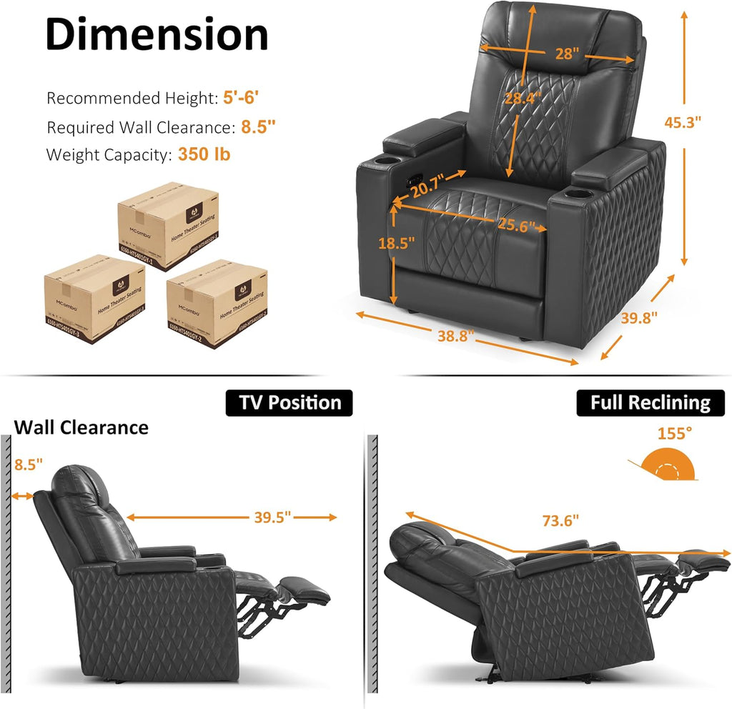 MCombo Oversized Power Recliner Chair with Adjustable Headrest & LED Light for Adults, Zero Gravity Recliner with USB & Type C Ports, Cup Holders for Living Room & Home Theater, Faux Leather HTS401