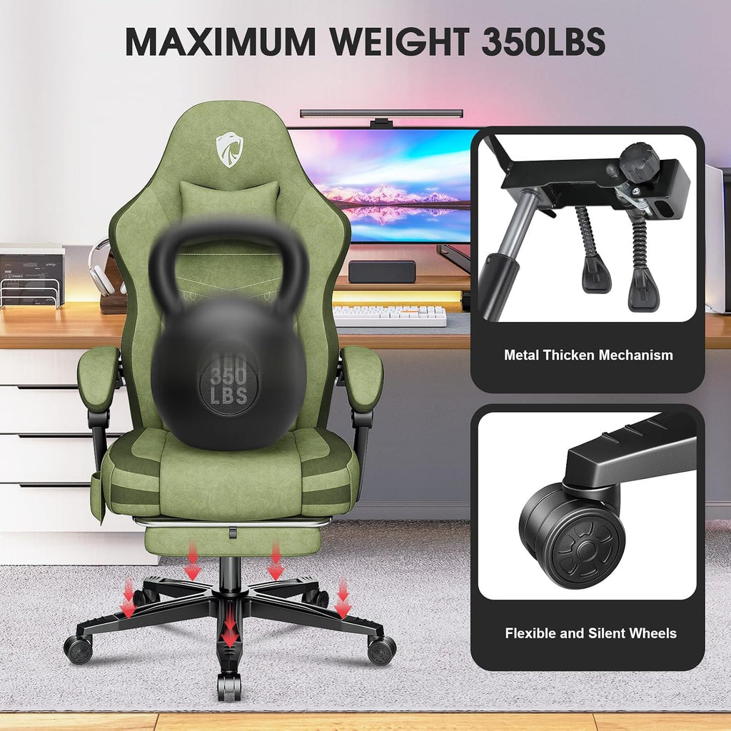 Gaming Chair, Fabric Computer Office Chair with Massage, Ergonomic Chair with Footrest Lumbar Support, Pocket Spring Widened Cushion Metal Legs 350LBS Dark Green