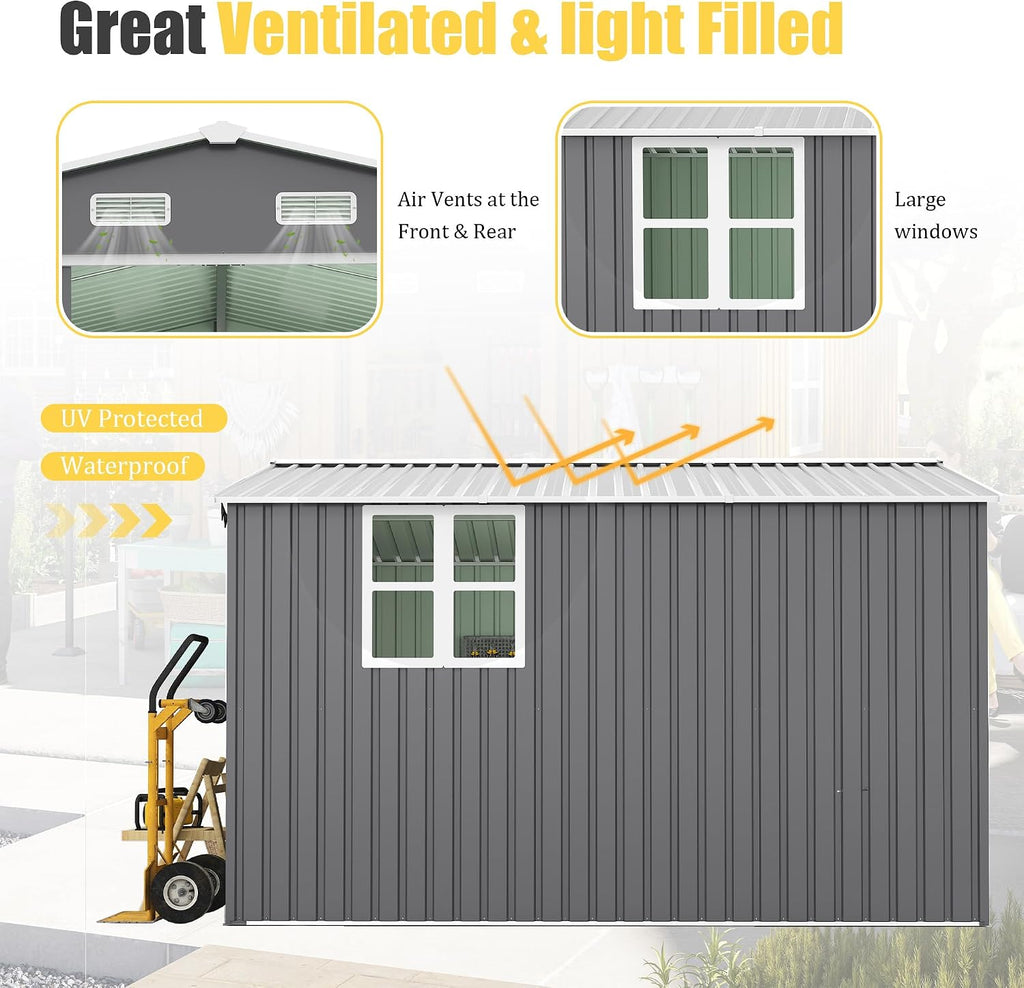 10x12 ft Metal Storage Shed with Open Firewood Bay, Steel Outdoor Storage Shed with Window and Lockable Doors, Extra Large Tool Sheds House with Vents, for Garden, Backyard, Patio, Dark Gray