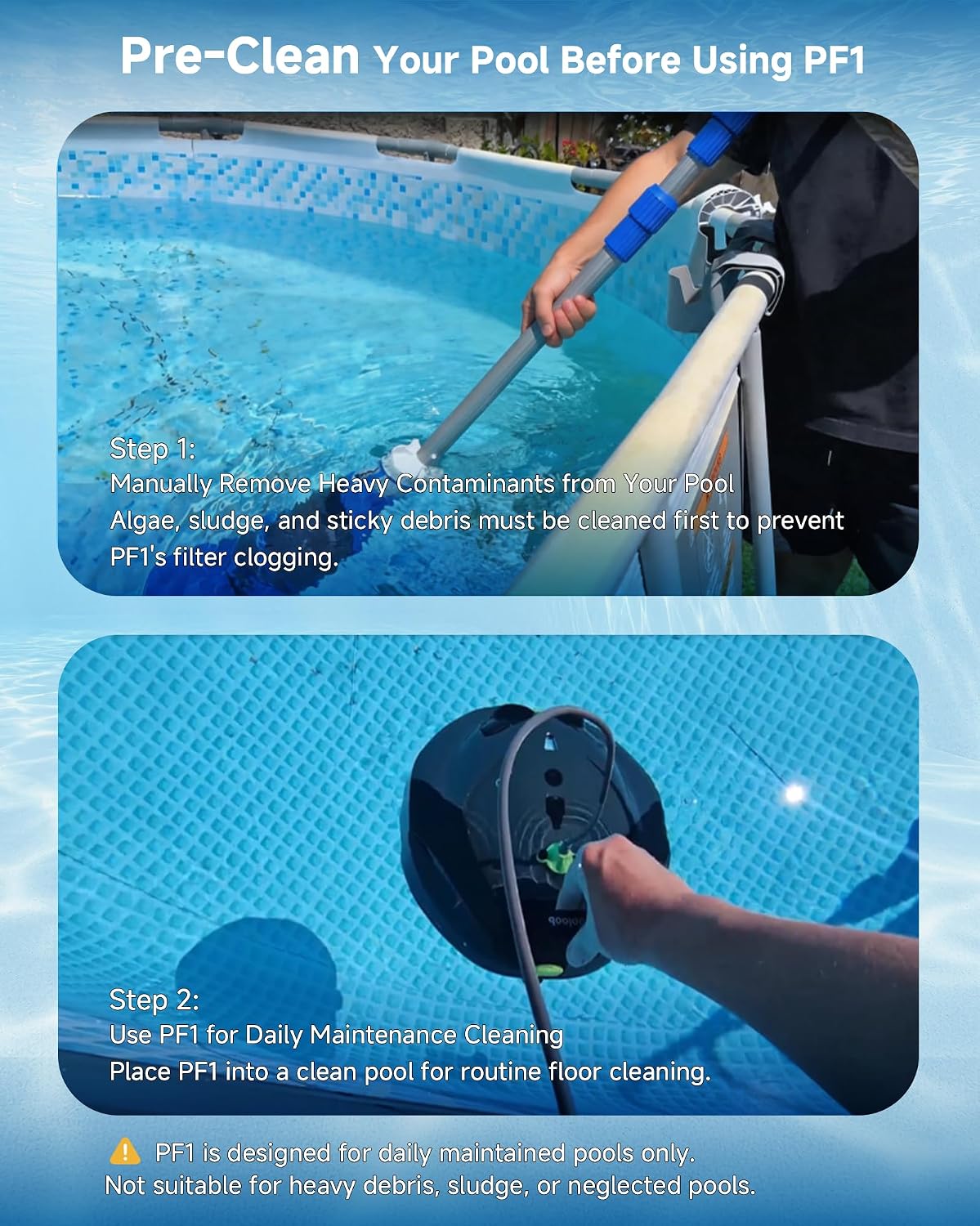 Pooloob Robotic Pool Vacuum Cleaner with Triple-Layer Filtration & Floating Buoy, for Regular Daily Maintenance, Flat Floor Cleaning for Above/In-Ground Pools,NOT for Initial or Deep Cleaning or Swamp