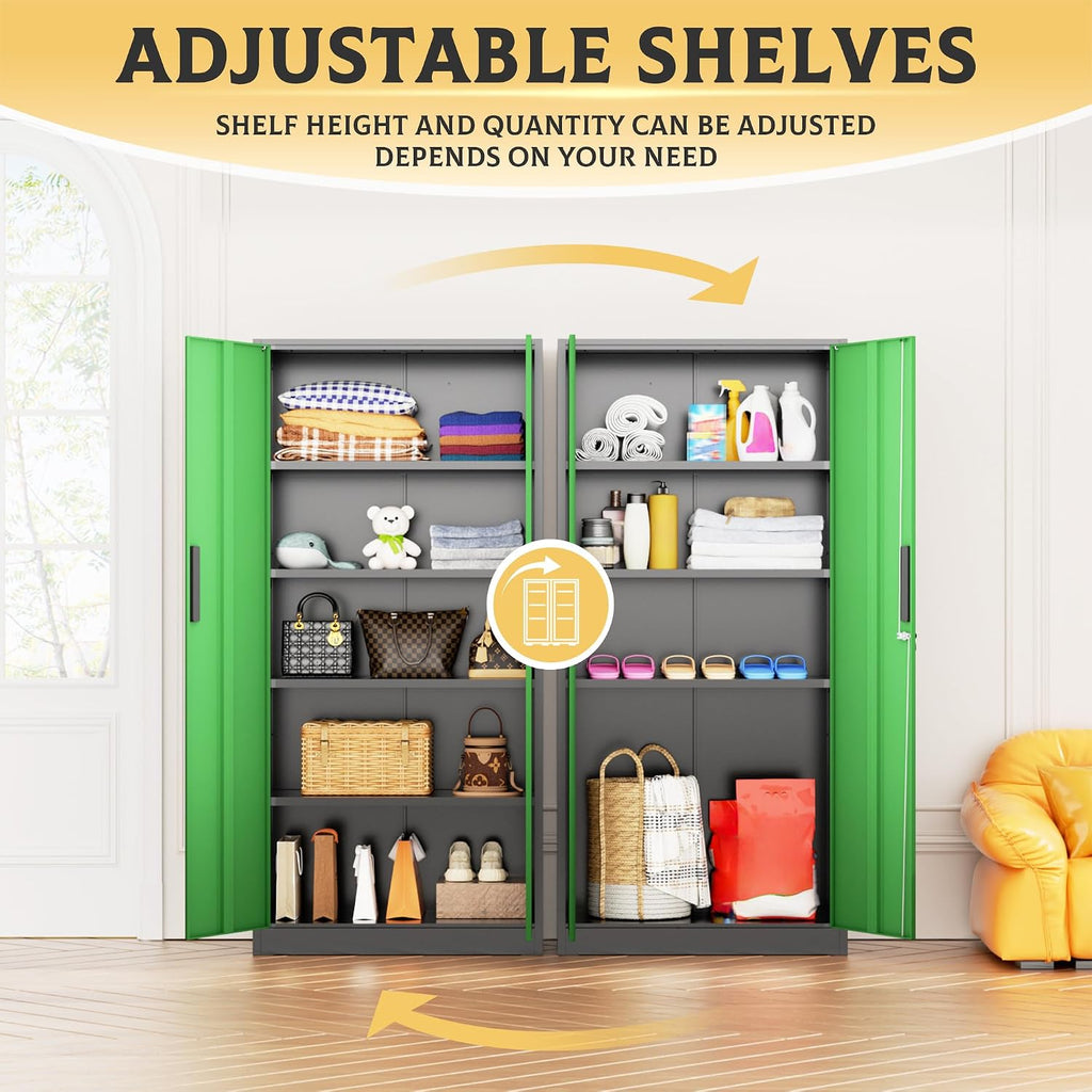 SUNCROWN 72' Metal Storage Cabinet - Heavy-Duty Metal Garage Cabinet with 4 Adjustable Shelves & 2 Doors for Tools, Office, Home, Workshop,Black & Green-Small
