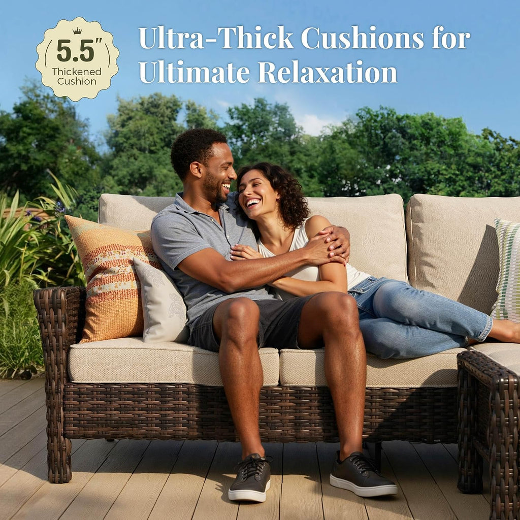 MIXPATIO 5-Piece Wicker Patio Furniture Set with Swivel Chairs, High Back Outdoor Furniture with 5.5-inch Thick Cushion and Ottoman, All-Weather Wicker Patio Conversation Set for Deck Yard Pool, Beige