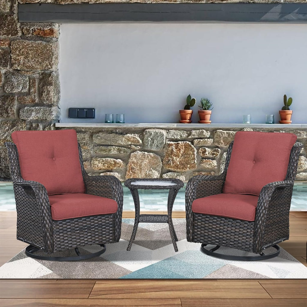 Luxury Wicker Swivel Patio Chairs Set of 3, Outdoor Swivel Rocking Chairs with Side Table, Outdoor Bistro Set for Patio, Porch, Yard, Deck, Poolside, Brown/Red