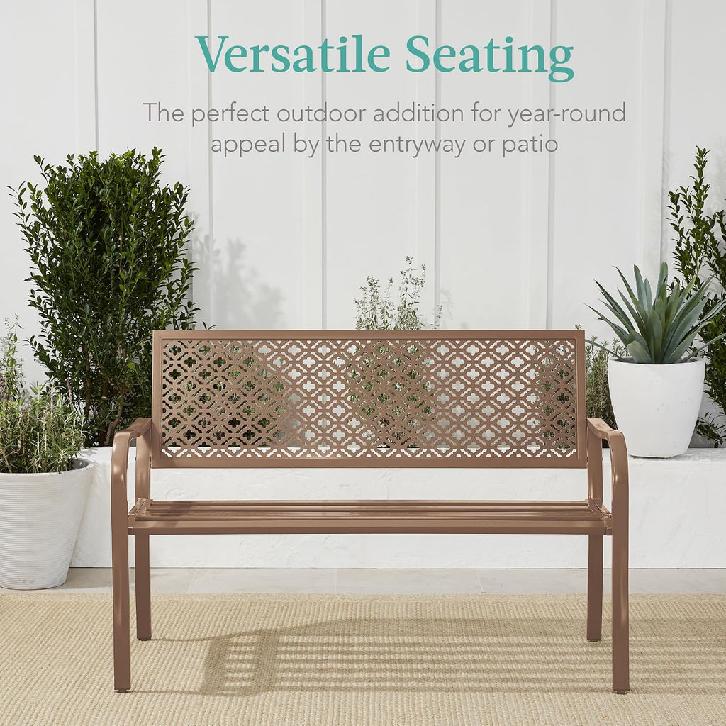 Best Choice Products Outdoor Bench 2-Person Metal Steel Benches Furniture for Garden, Patio, Porch, Entryway w/Geometric Backrest, 790lb Capacity - Taupe