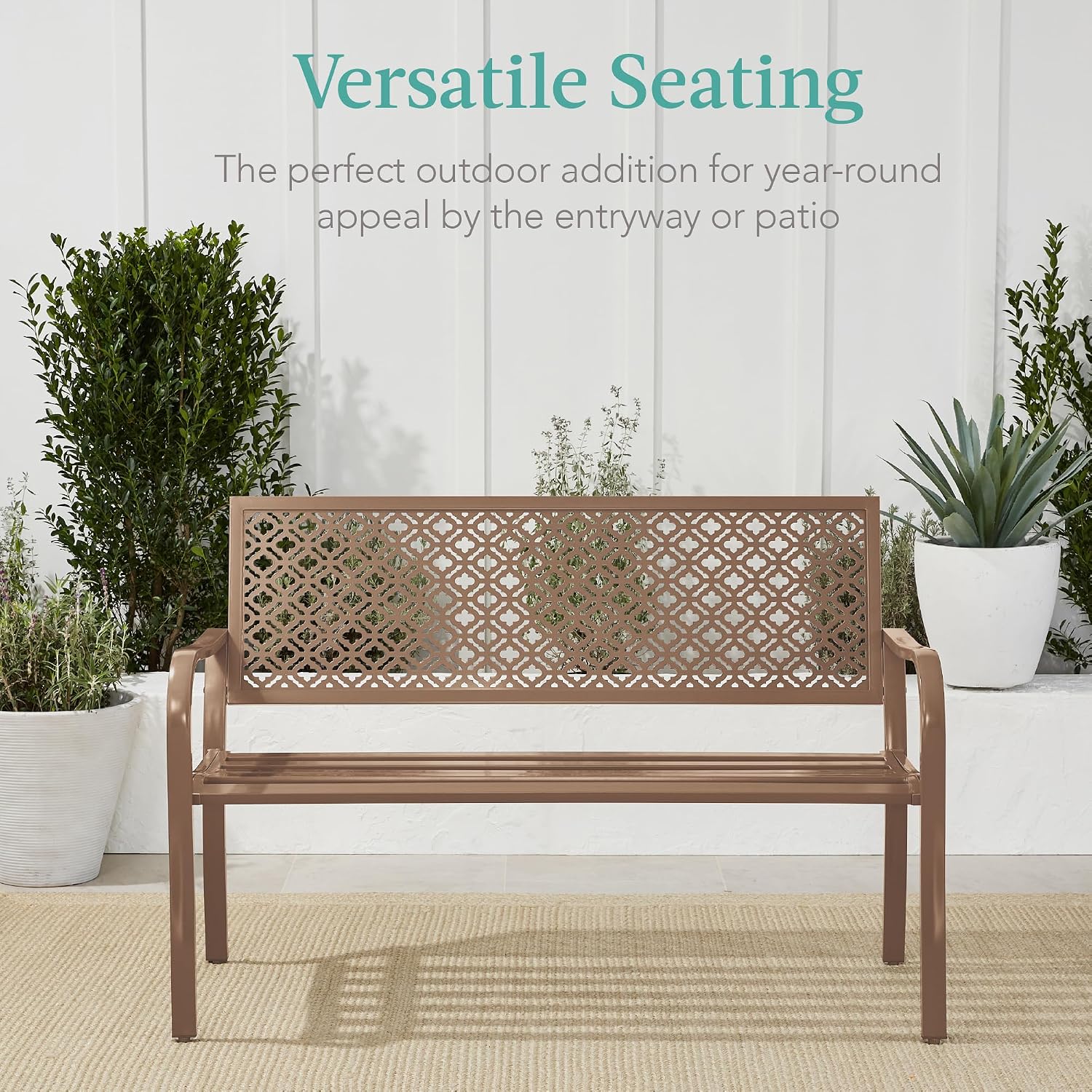 Best Choice Products Outdoor Bench 2-Person Metal Steel Benches Furniture for Garden, Patio, Porch, Entryway w/Geometric Backrest, 790lb Capacity - Taupe