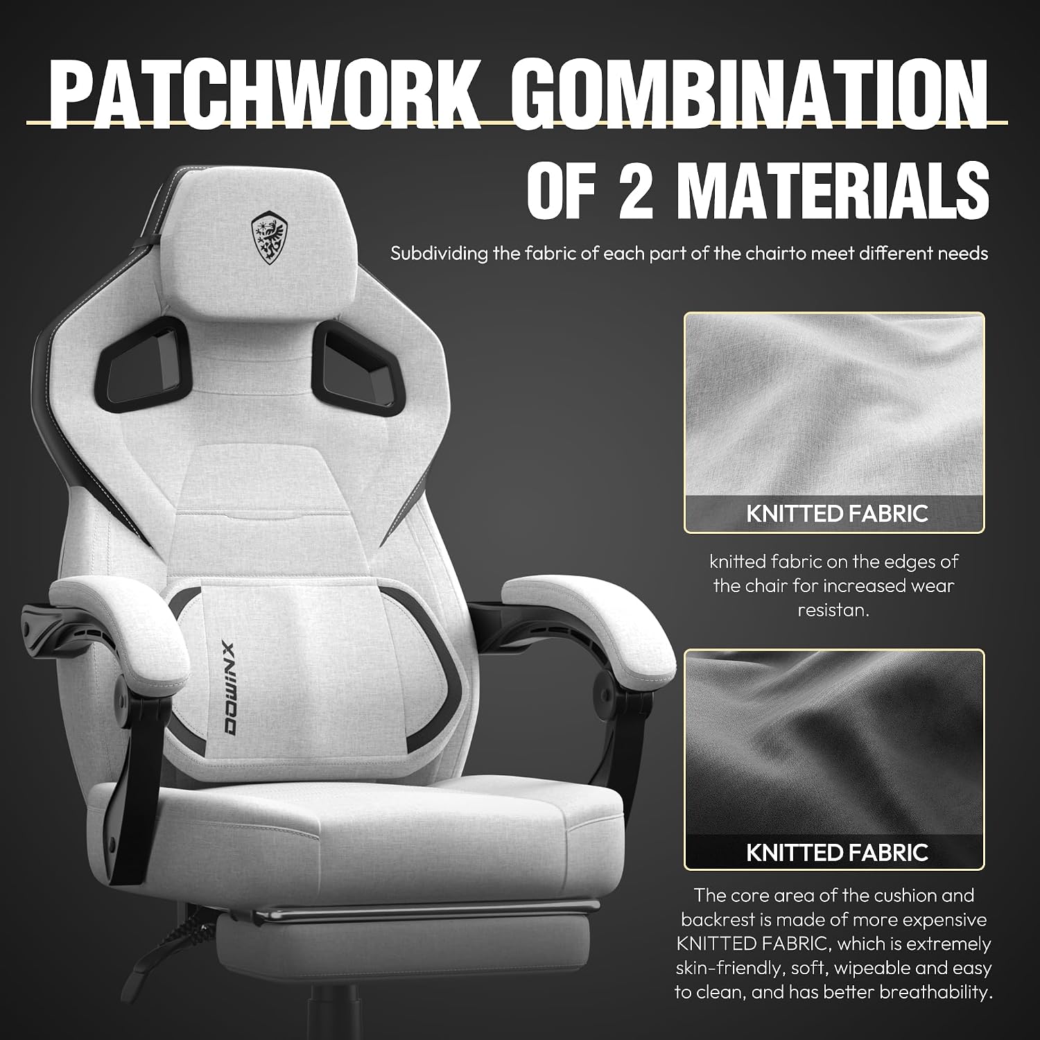Dowinx Fabric Gaming Chair with Footrest, 350lb Big and Tall Gamer Chair, Wide Seat Ergonomic Computer Chair with Lumbar Massage Support, Wide Back Office Chair for Heavy People(Grey)