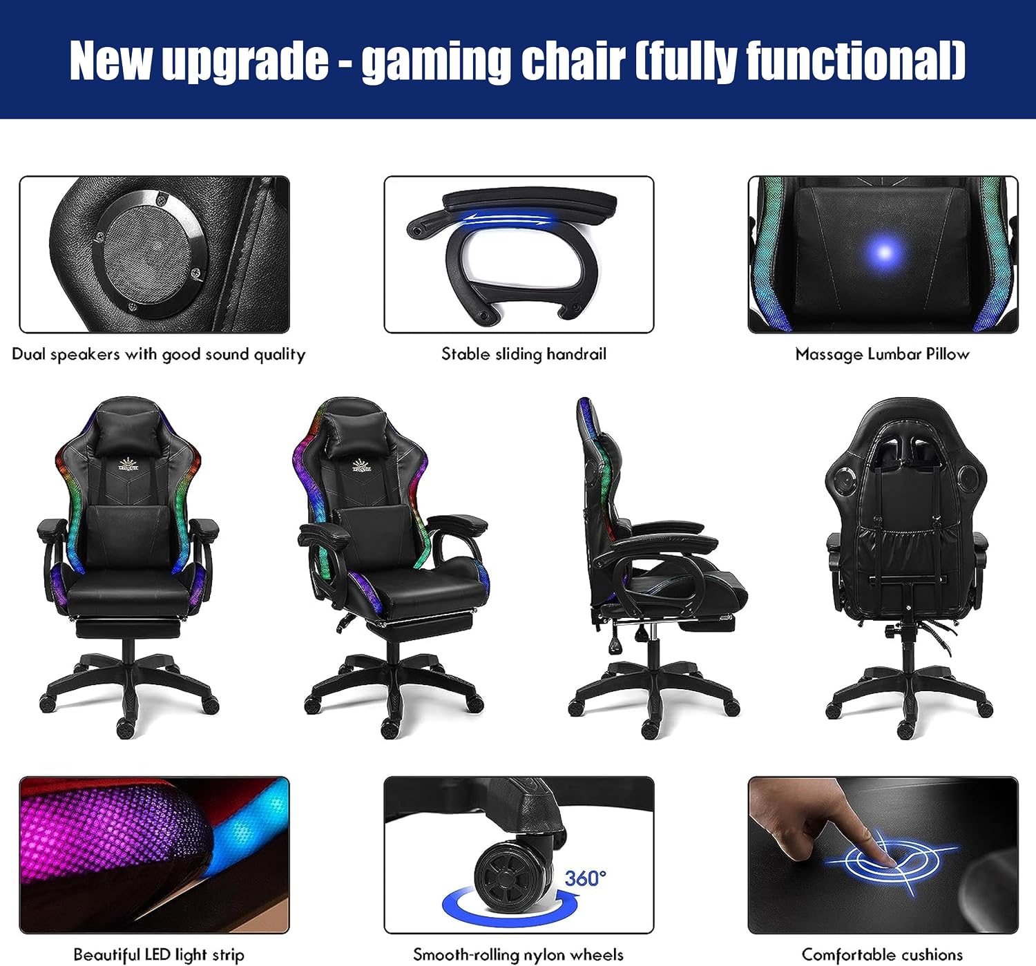 Gaming Chair with Speakers and LED Lights,Ergonomic Computer Chair with Massage and Footrest, Reclining Video Game Chair with Adjustable Lumbar Support,Teen/Adult Computer Chair,White