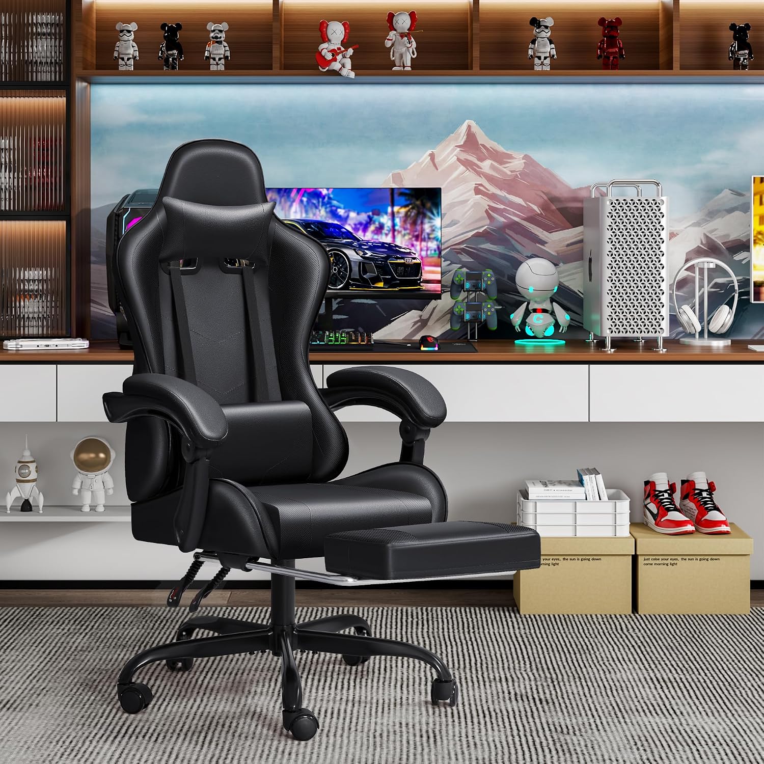 JUMMICO Gaming Chair Ergonomic Computer Chair with Footrest and Massage Lumbar Support, Height Adjustable Video Gaming Chair with 360° Swivel Seat and Headrest (Black)