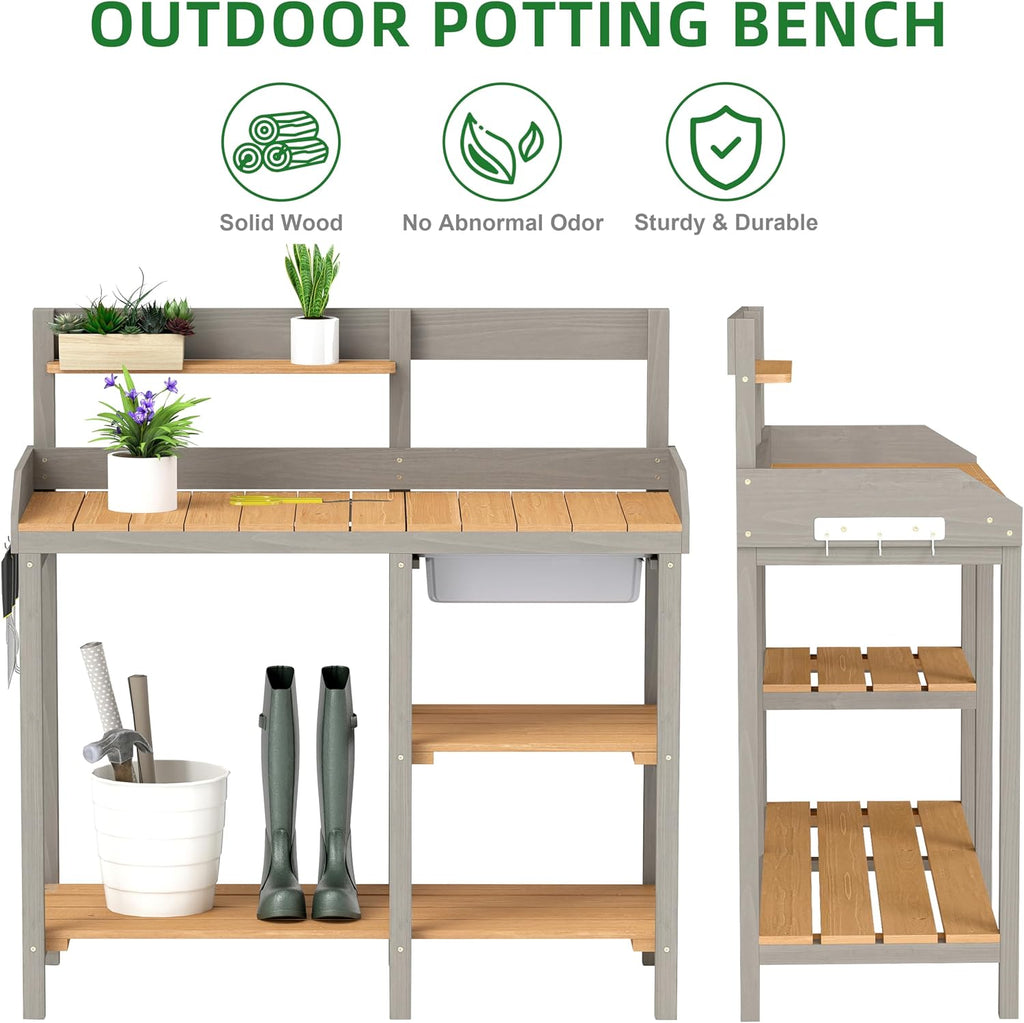 Wooden Potting Bench Table with Sink, Outdoor Garden Table Work Bench with Shelf, Workstation for Outside Patio Lawn