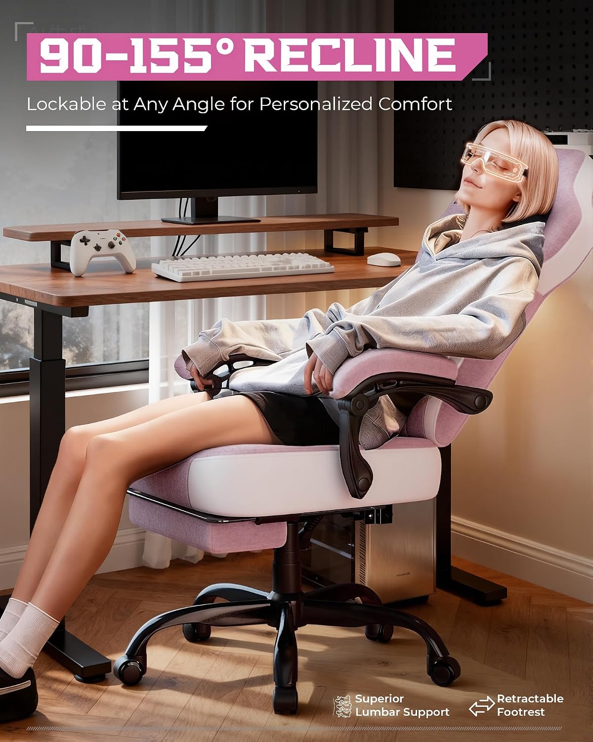 GTPLAYER Gaming Chairs for Adult - Ergonomic Big & Tall Gaming Seat with Footrest & Lumbar Support, Comfortable Office Chair 90-155° Reclining - Heavy Duty Wide Computer Seat, Pink