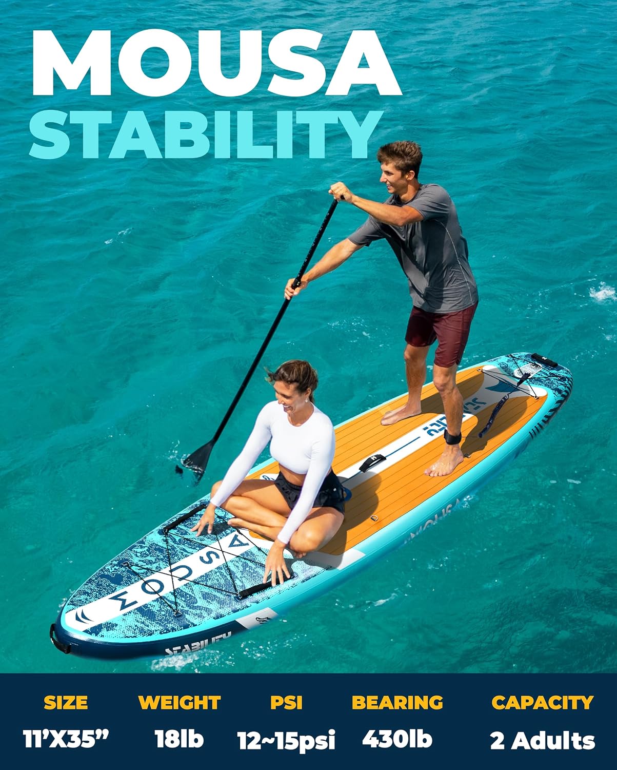 MOUSA 10'8/11'×35' Extra Wide Inflatable Stand Up Paddle Board, Stable Paddleboard SUP for 2 People/Family, Anti-Slip Full EVA Deck, 3 Handles, 100L Backpack, All-Round Sup Board, Big Fin